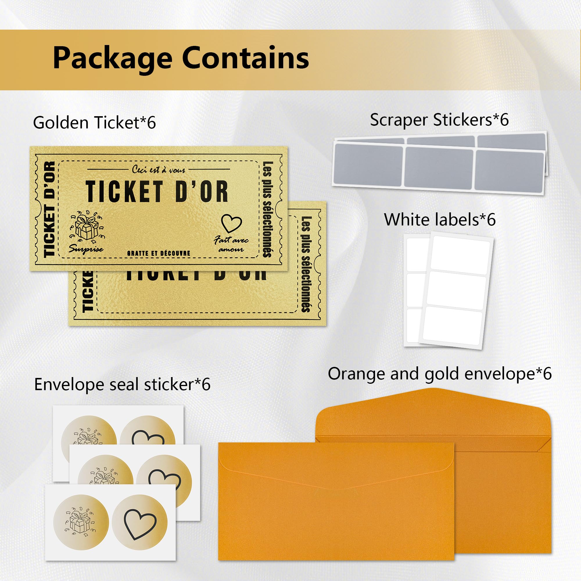 Carte à gratter Golden Ticket d'Or Personnalisable 6 Pièces Cadeau Surprise Anniversaire Saint-Valentin