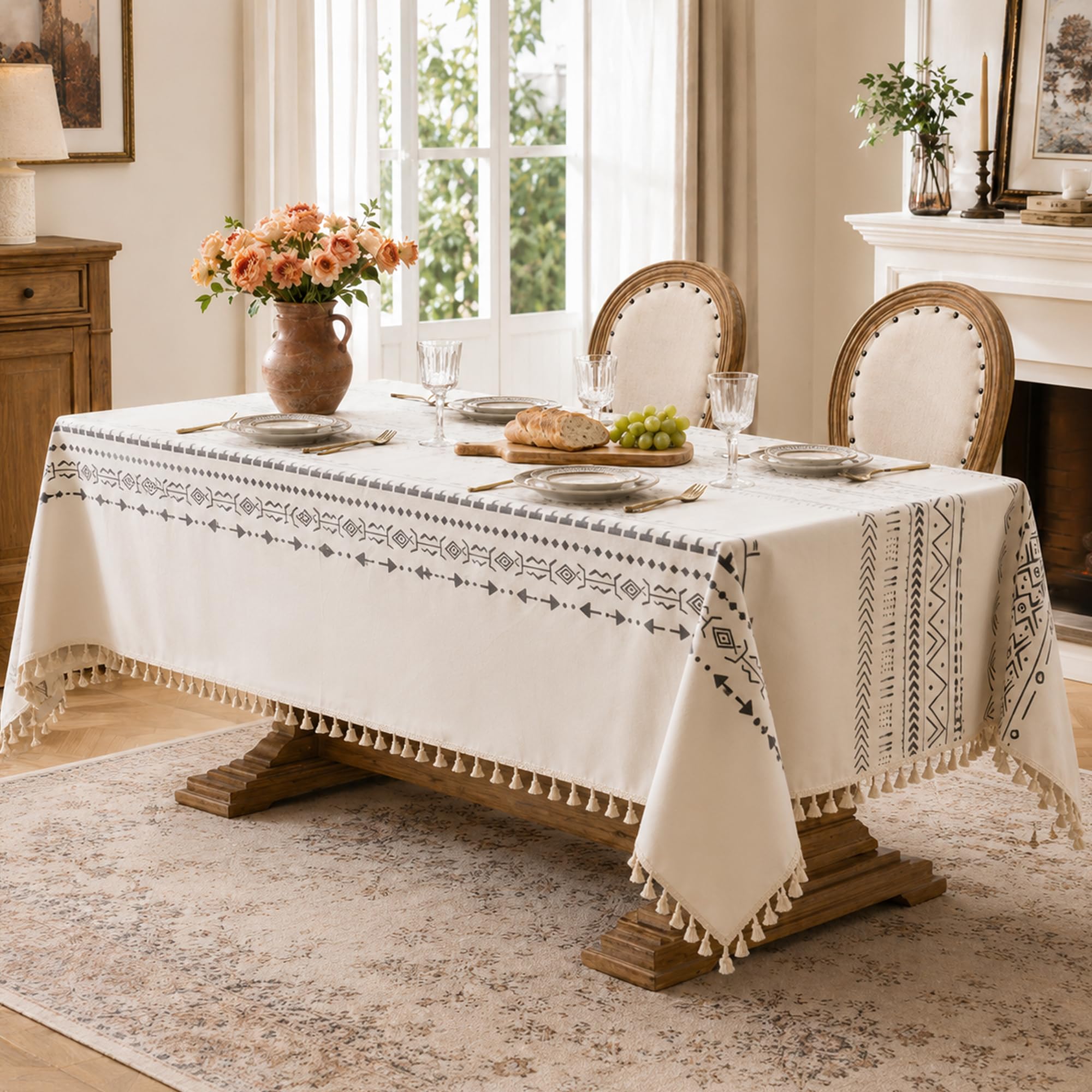 Mantel De Mesa Boho Rectangular con Diseño Geométrico Y Flecos