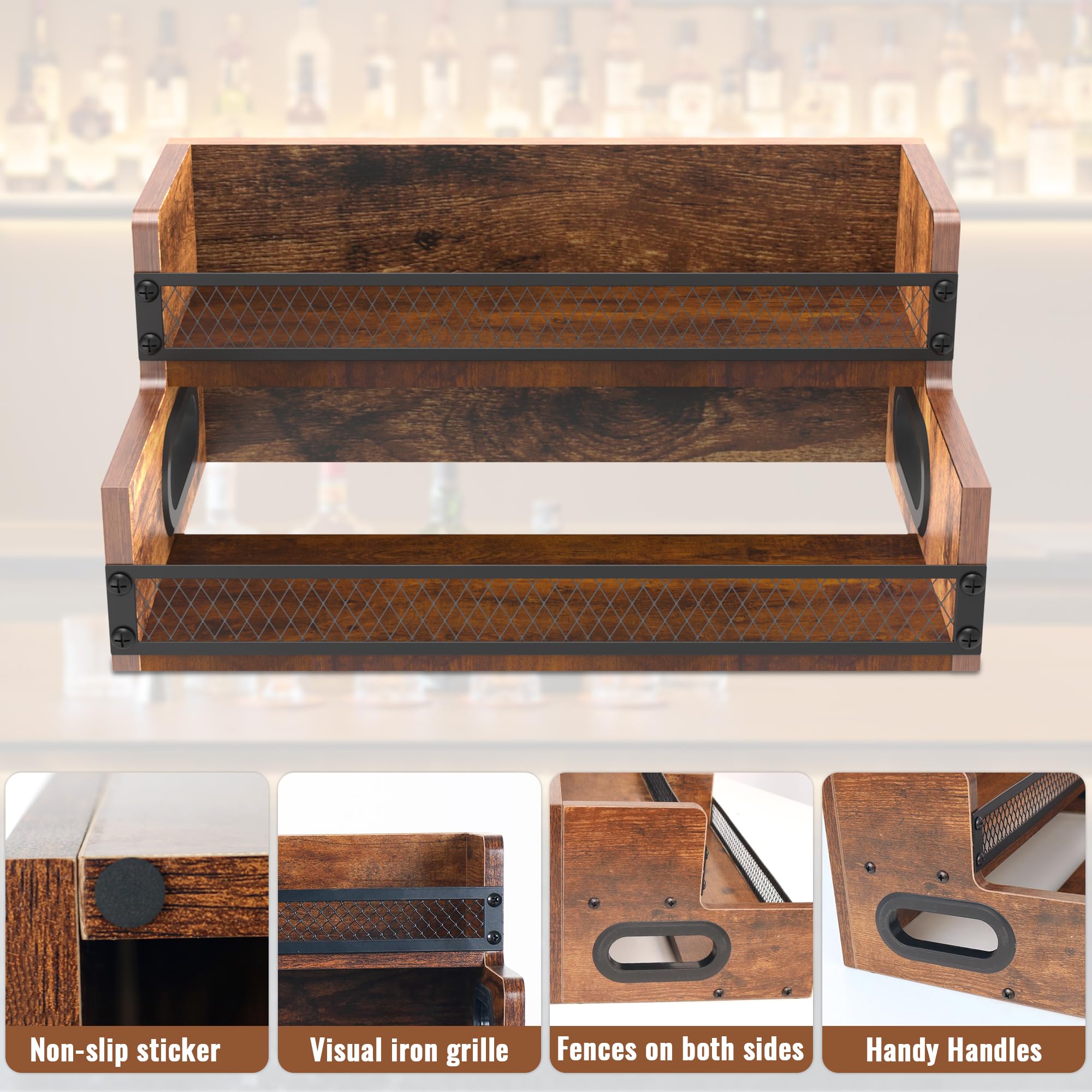 Espositore per bottiglie di liquori, scaffale per sciroppo di caffè, organizer a 2 ripiani per liquori e vino, mini scaffale per 8 bottiglie, per liquori e whisky, organizer per stazioni di caffè