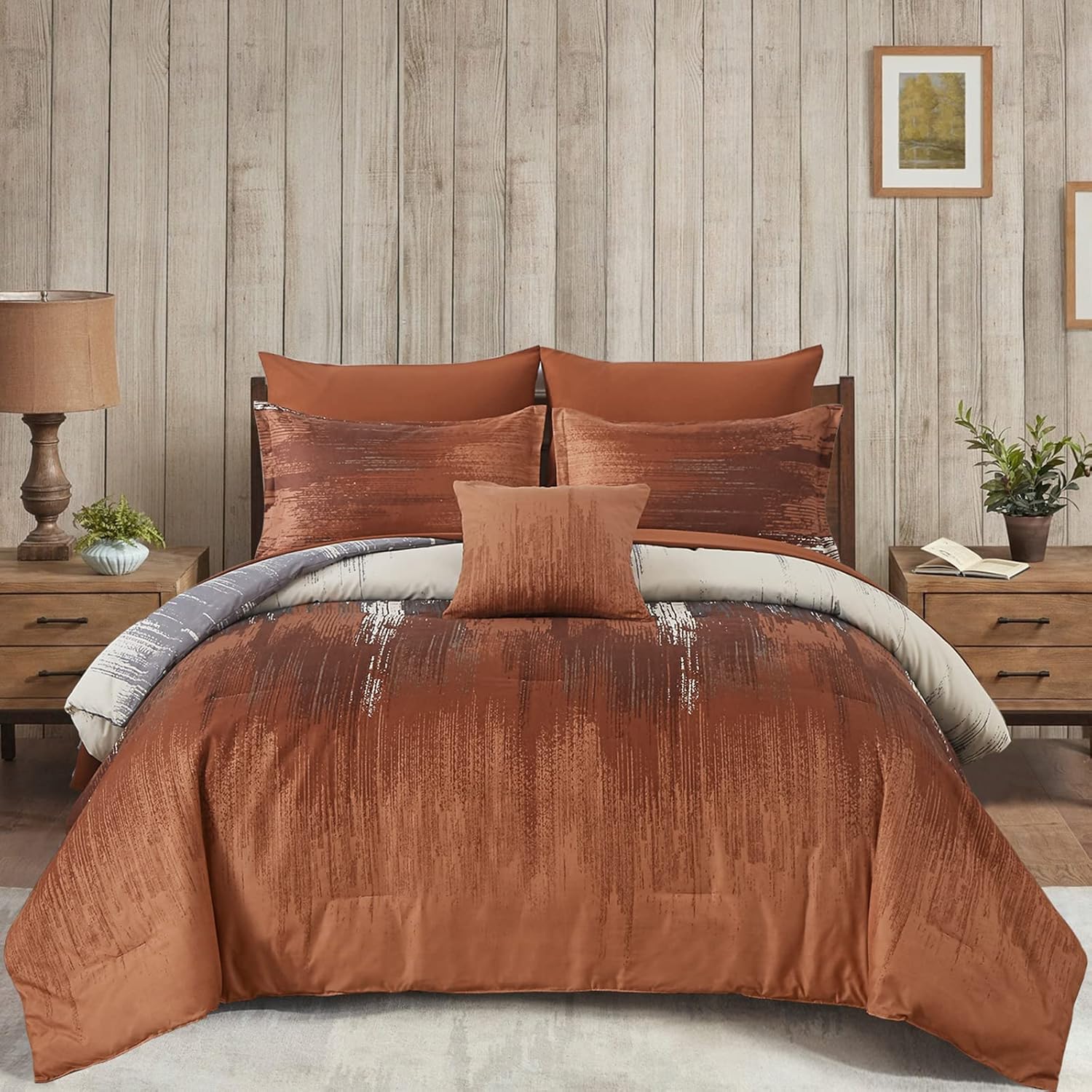 Dinjoy Ombre Rust/Burnt Orange Comforter Set King Size