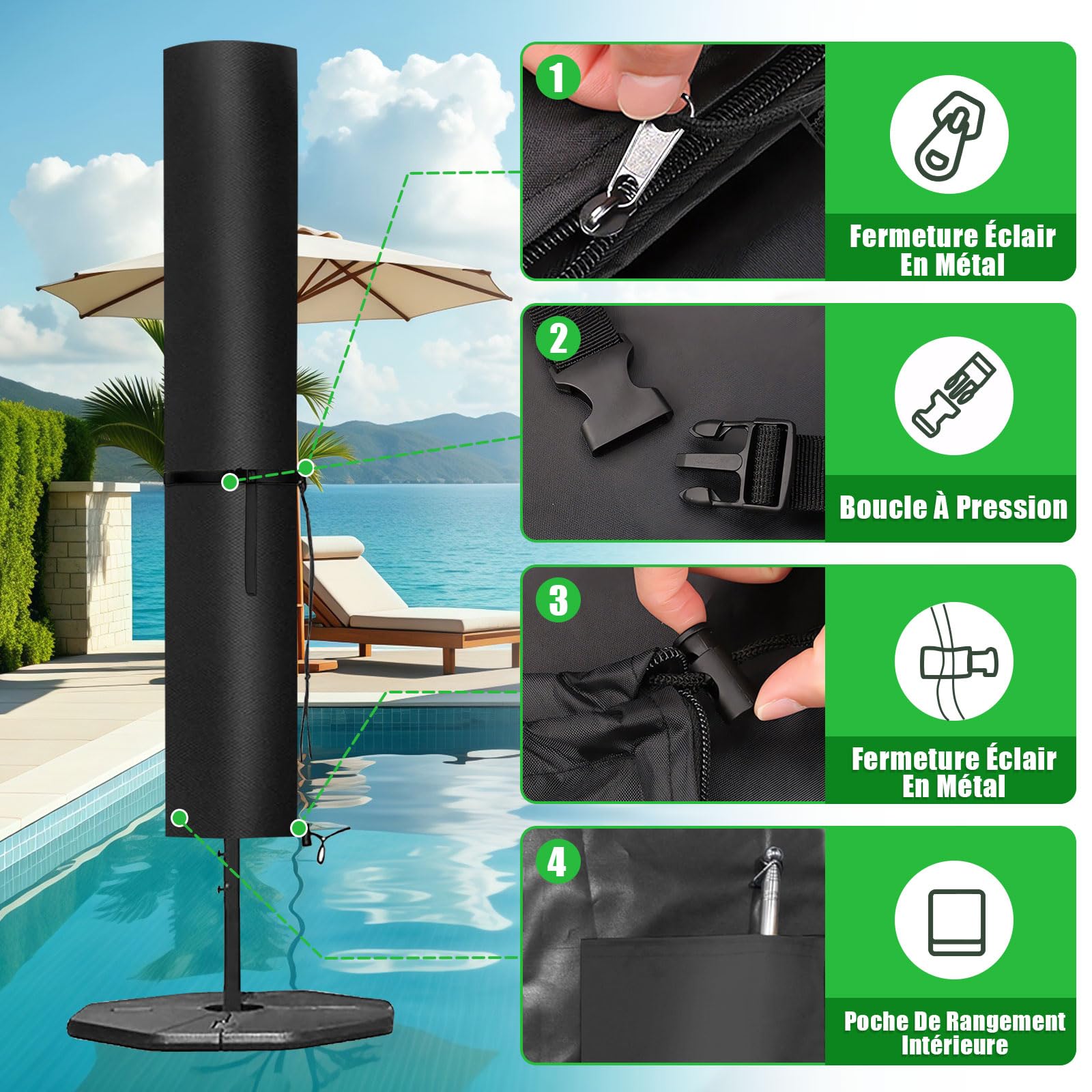 VDISRR Housse Parasol 265x40/70/50CM, 420D Tissu Oxford Housse Parasol De Jardin Exterieur Déporté Avec Fermeture Éclair Perche Télescopique Pour Parasol 2-4m Imperméable, Coupe-Vent, Anti-UV