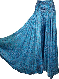 Mogul Interior Womens Divided Maxi Skirt Blue Upcycled Sari Smocked Waist Divided Skirts S/M