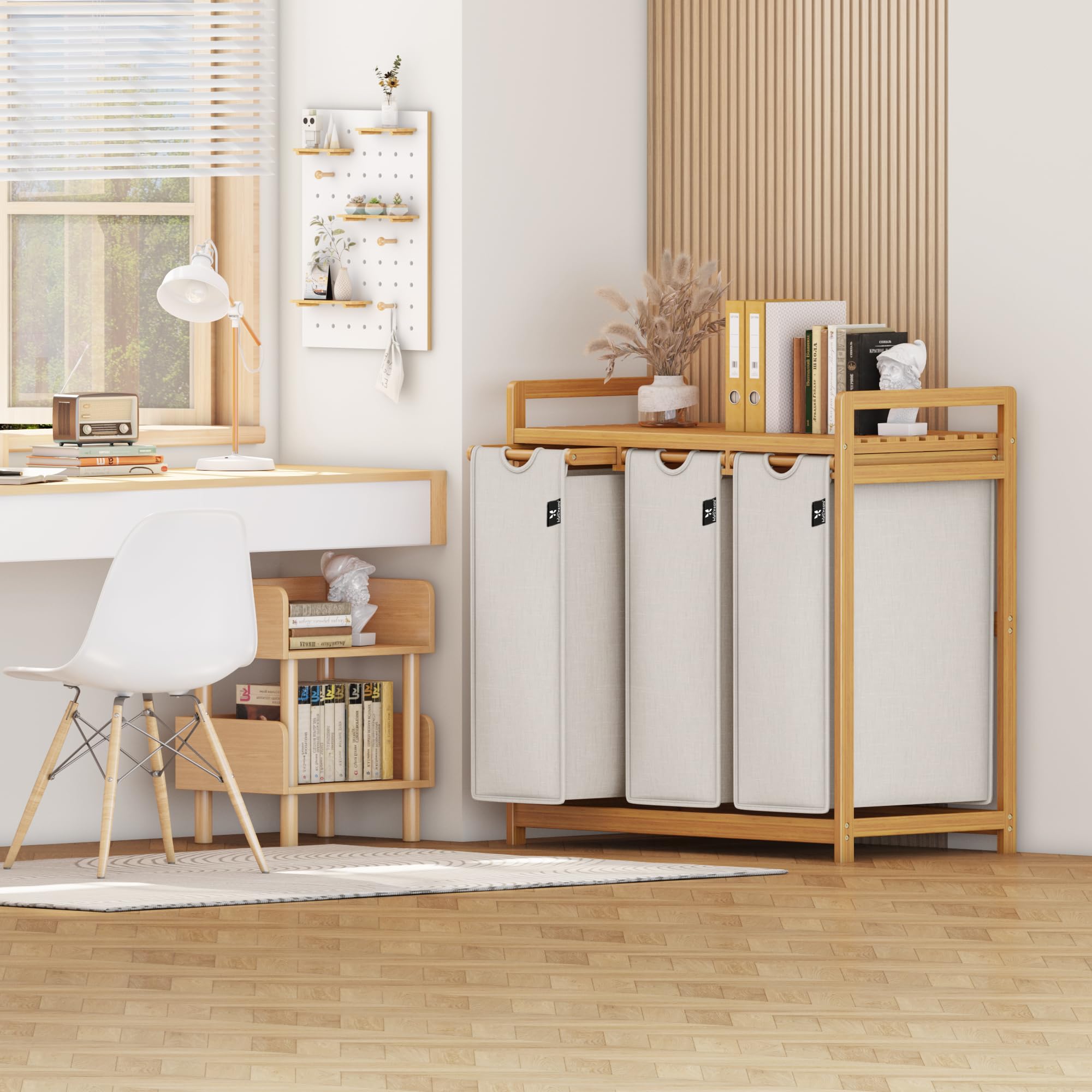 AdelDream Cesto Portabiancheria Cesto per Bucato 150L Organizzatore Lavanderia con 3 Scomparti in Bambù Selezionatore di Bucato Grigio Chiaro
