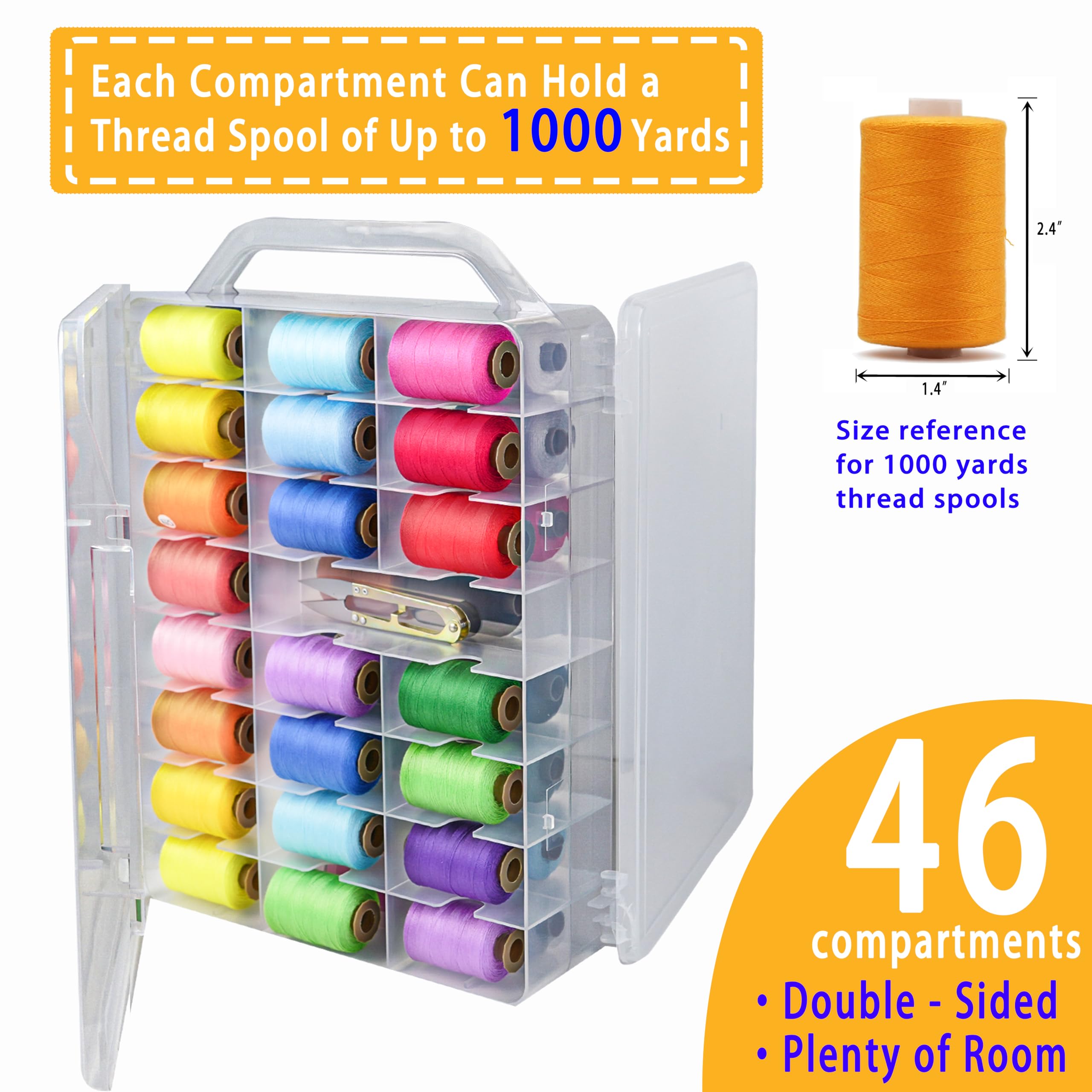 KASTUN Thread Storage,Double Sided,46 Grids Sewing Organizer,Portable, Transparent, Sewing Thread Storage Case