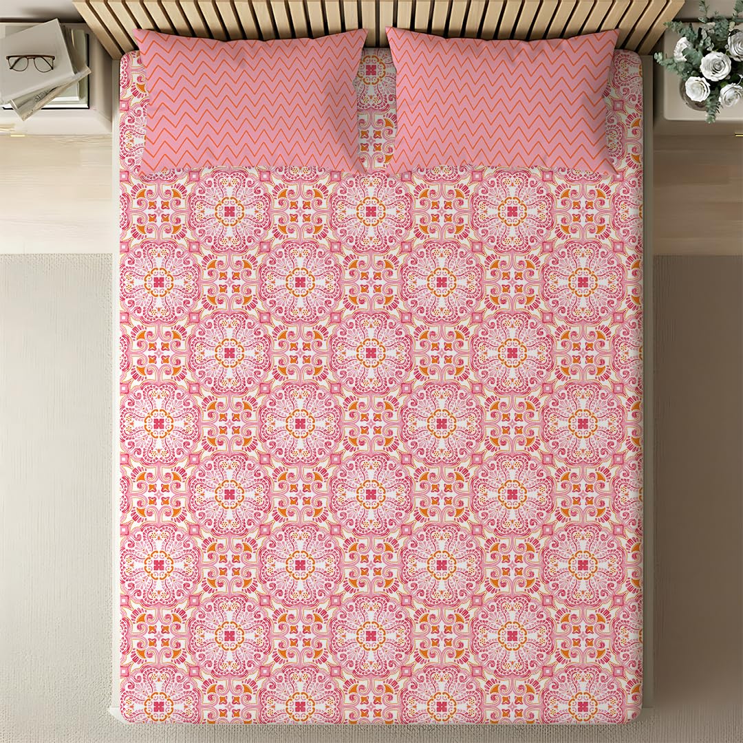 Livspace Cotton Super King Size Bedsheet for Double Bed | 108" X 108" | 144 TC Flat Cotton Bedsheet with 2 Pillow Covers, Soft & Breathable, Bello Pure Nest Collection (Pink) 1