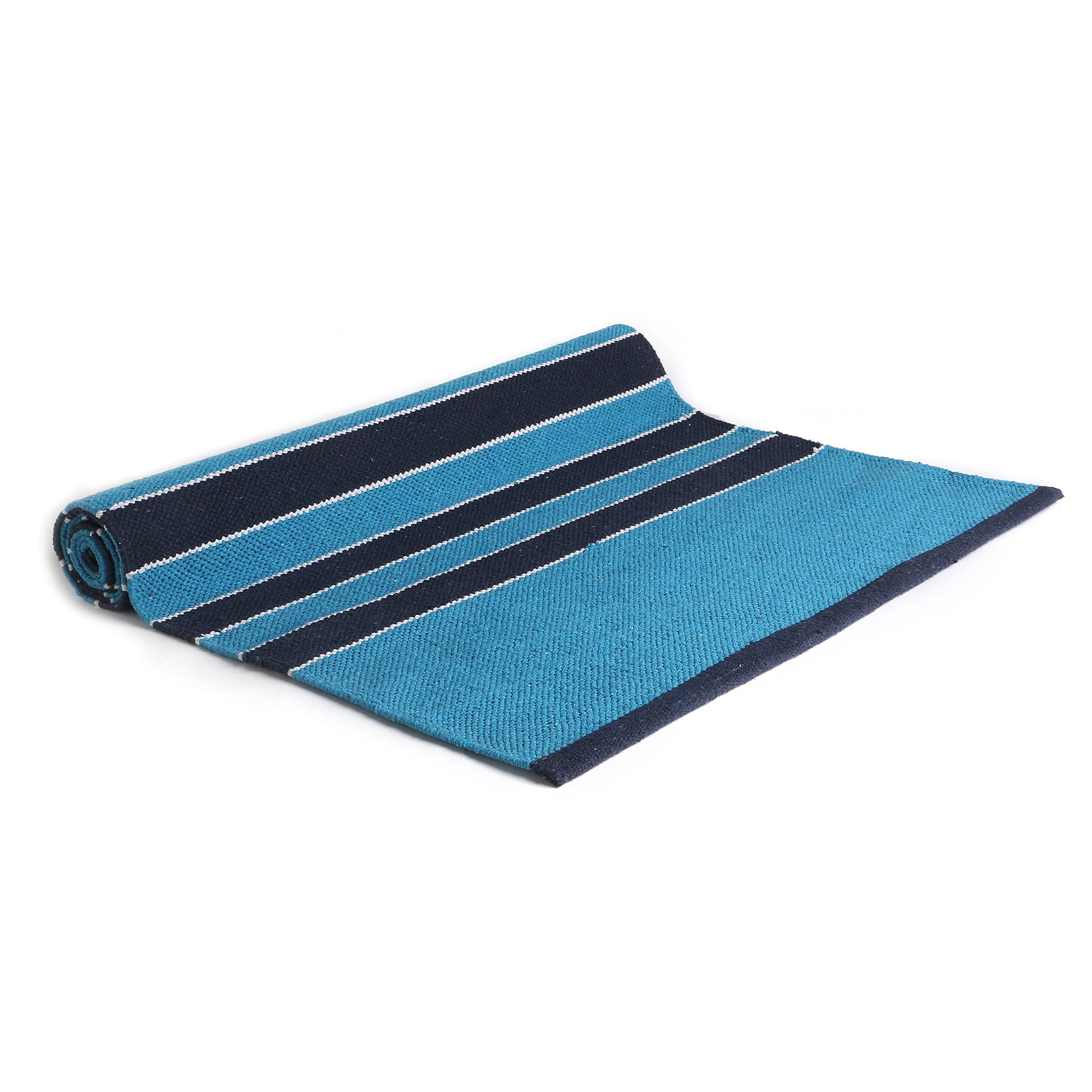 KD - Esterilla de yoga de algodón tejida a mano para yoga ecológica, de calidad pesada, con correa de transporte, 24 x 72 pulgadas (azul marino, azul real y turquesa)