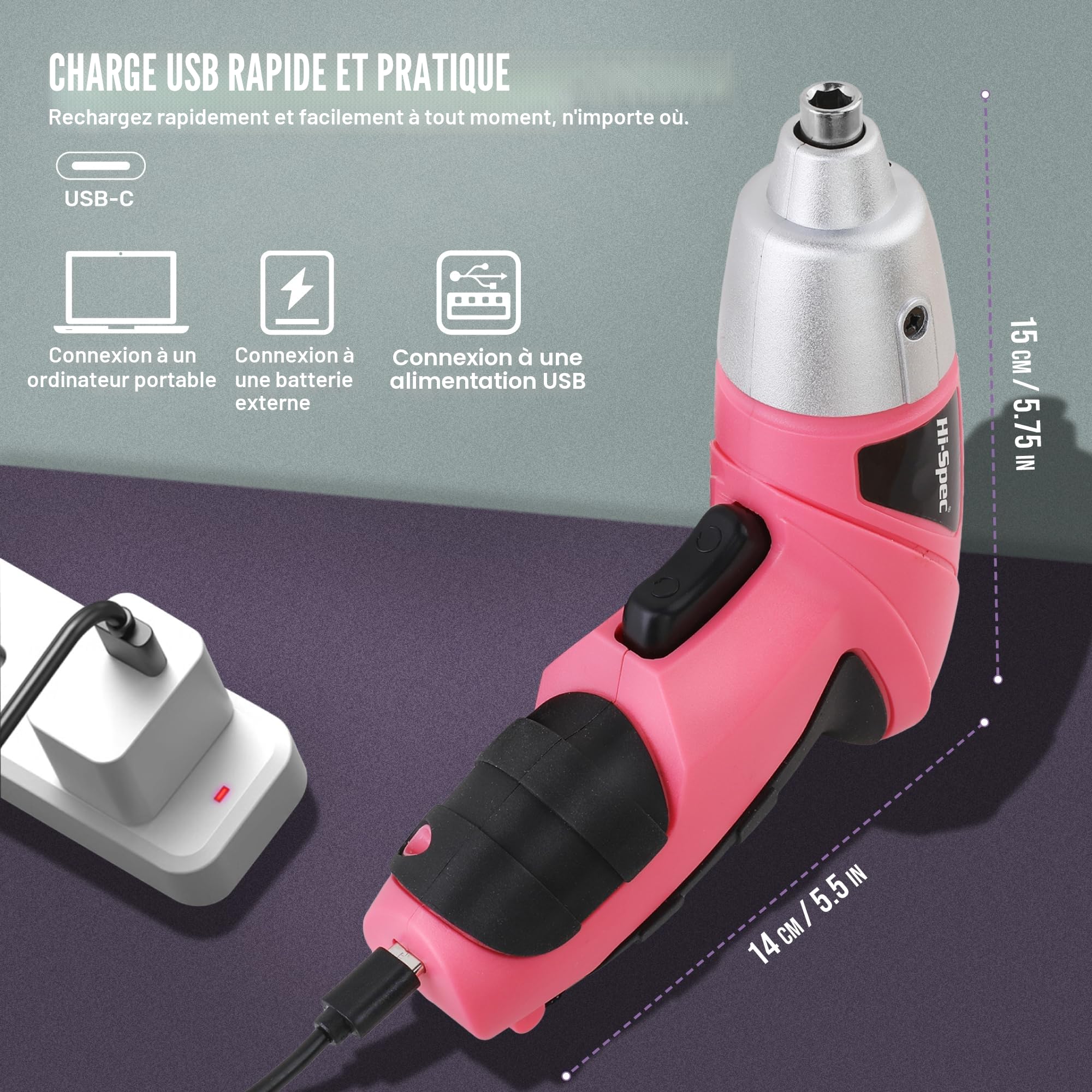 Hi-Spec Perceuse Visseuse Sans Fil 3.6V USB – Kit d’Outils Maison 19 Pièces Rose, Tournevis Électrique Rechargeable avec Coffret Compact boîte à outils compacte