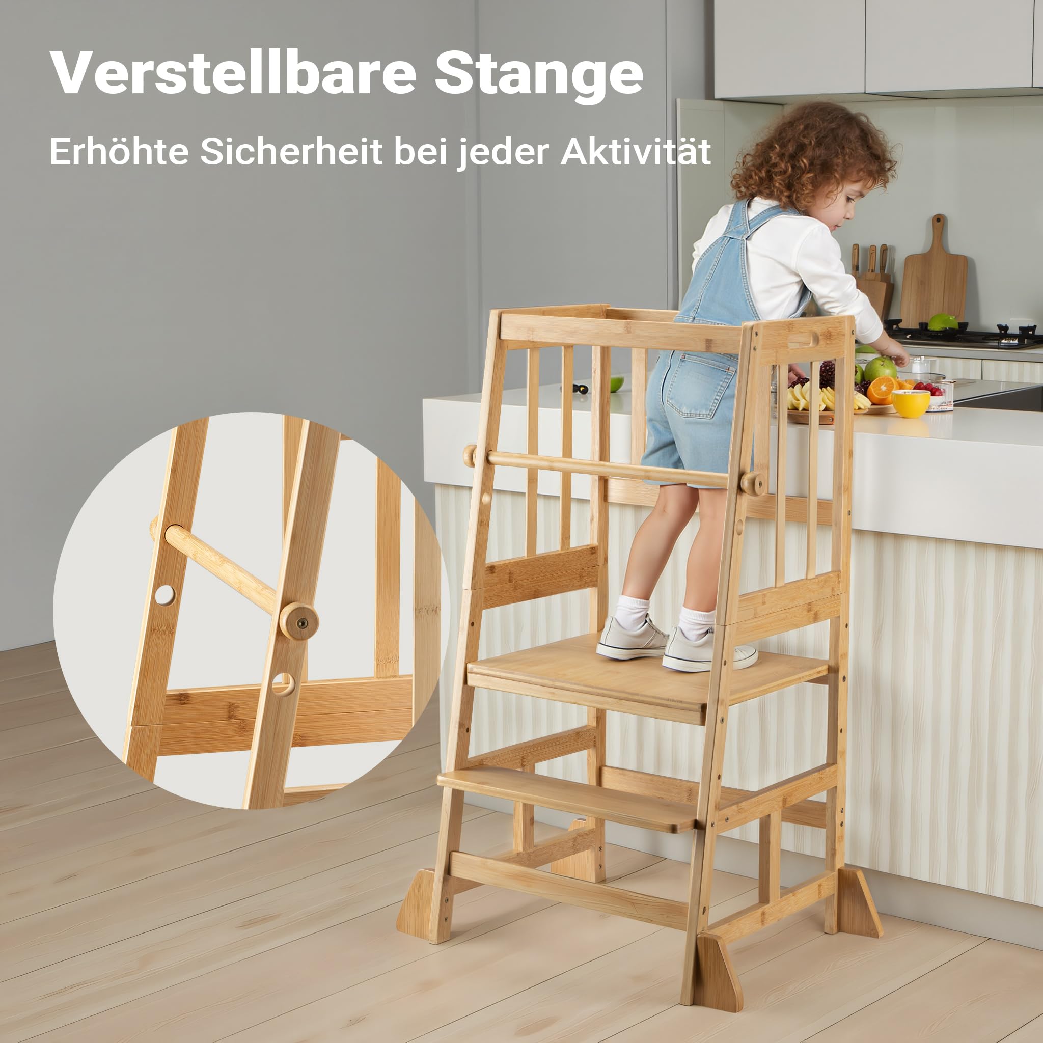 Wiltec Kinderstuhl Lernturm 57 x 46 x 90 cm aus Bambus, Lernstuhl für Kinder mit Geländer, Stehturm mit Schutzstab