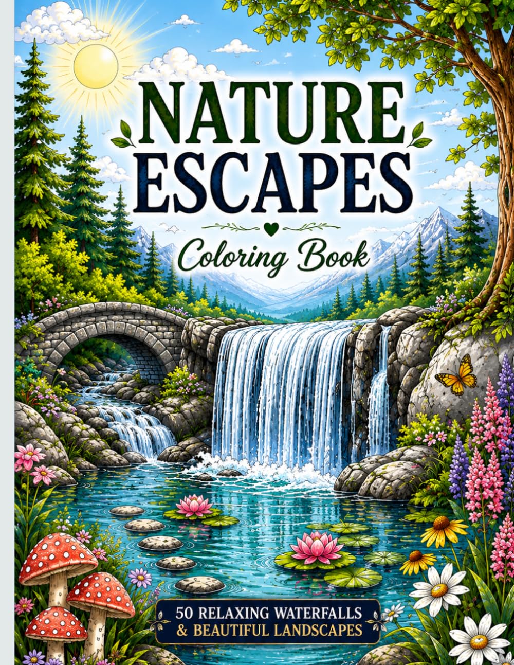 Nature Escapes Coloring Book: 50 Relaxing Waterfalls & Beautiful Landscapes: Coloring pages.
