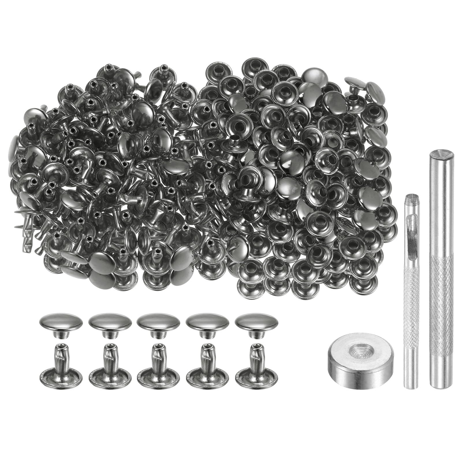QUARKZMAN 200 Juegos De Remaches De Cuero 9mm X 8mm (Doble Tapa) + 3 Herramientas De Instalación – Gris Oscuro, Metal Resistente A Óxido Para Manualidades, Ropa Y Accesorios