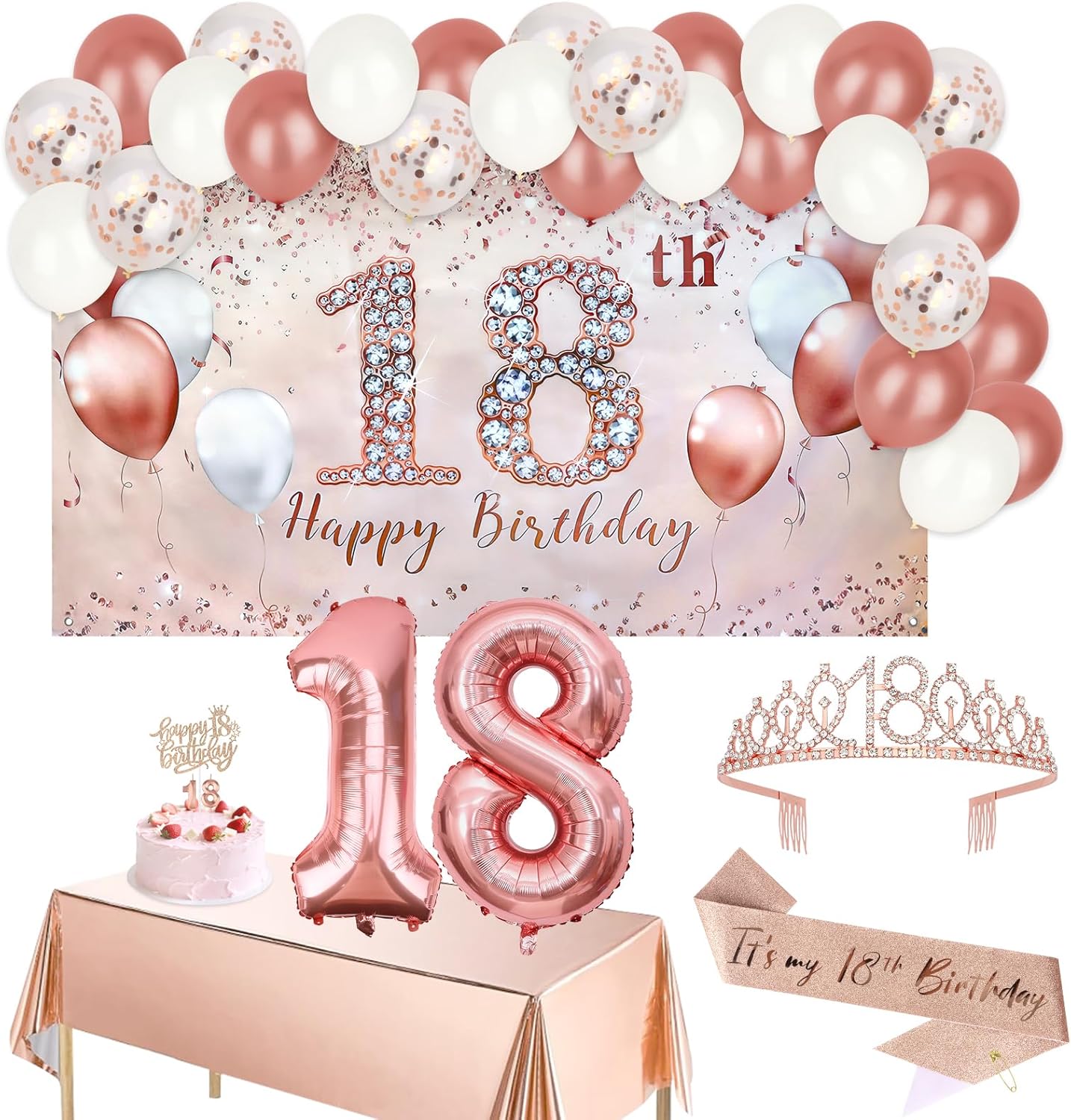 Happy 18th Birthday Party Decorations Set with Banner, "It's My 18th Birthday" Sash and Crown, Balloons, Cake Topper, Tablecloth, Candles for 18 Year Old Birthday Party (Rose Gold)