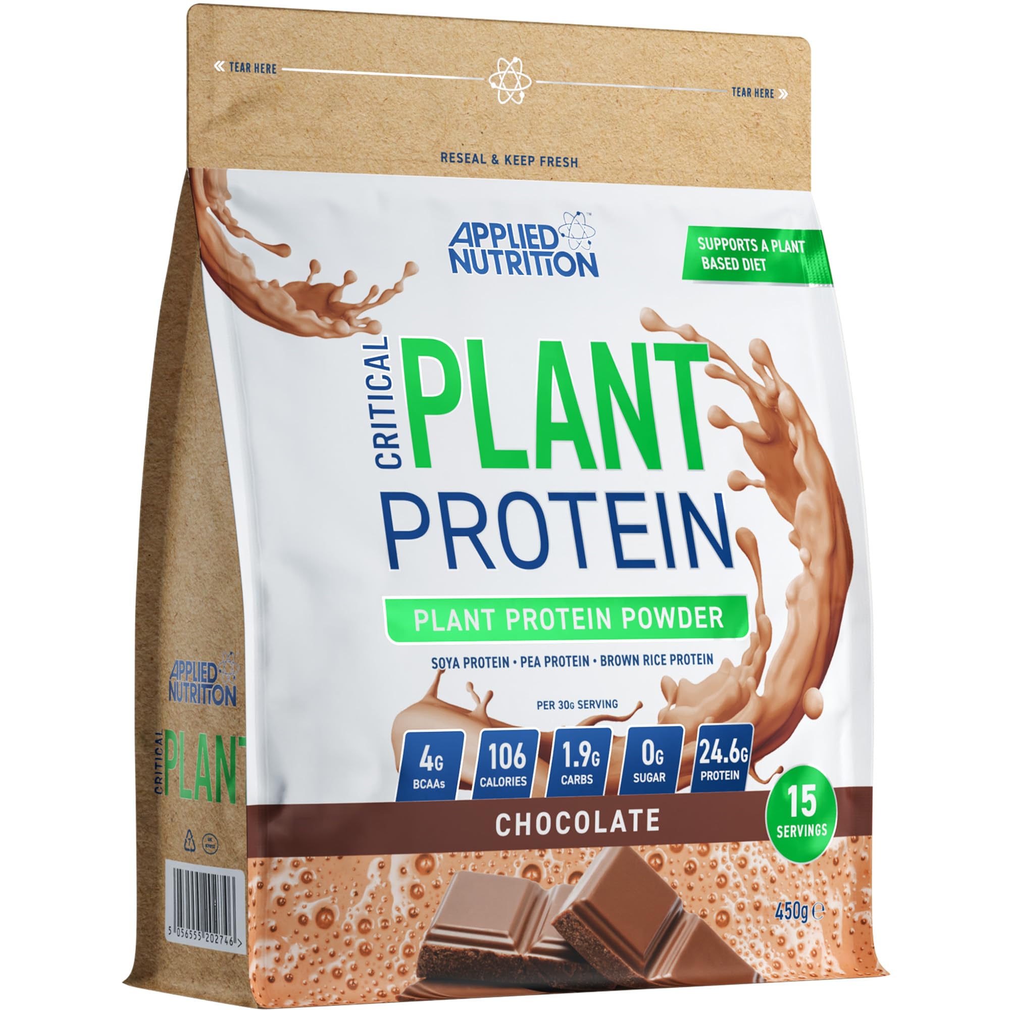 Applied Nutrition Critical Plant - Eiweiss Protein Pulver – Veganes Proteinpulver mit Soja, Erbsen und Reisproteinen & Essenziellen Aminosäuren (450g, Chocolate)
