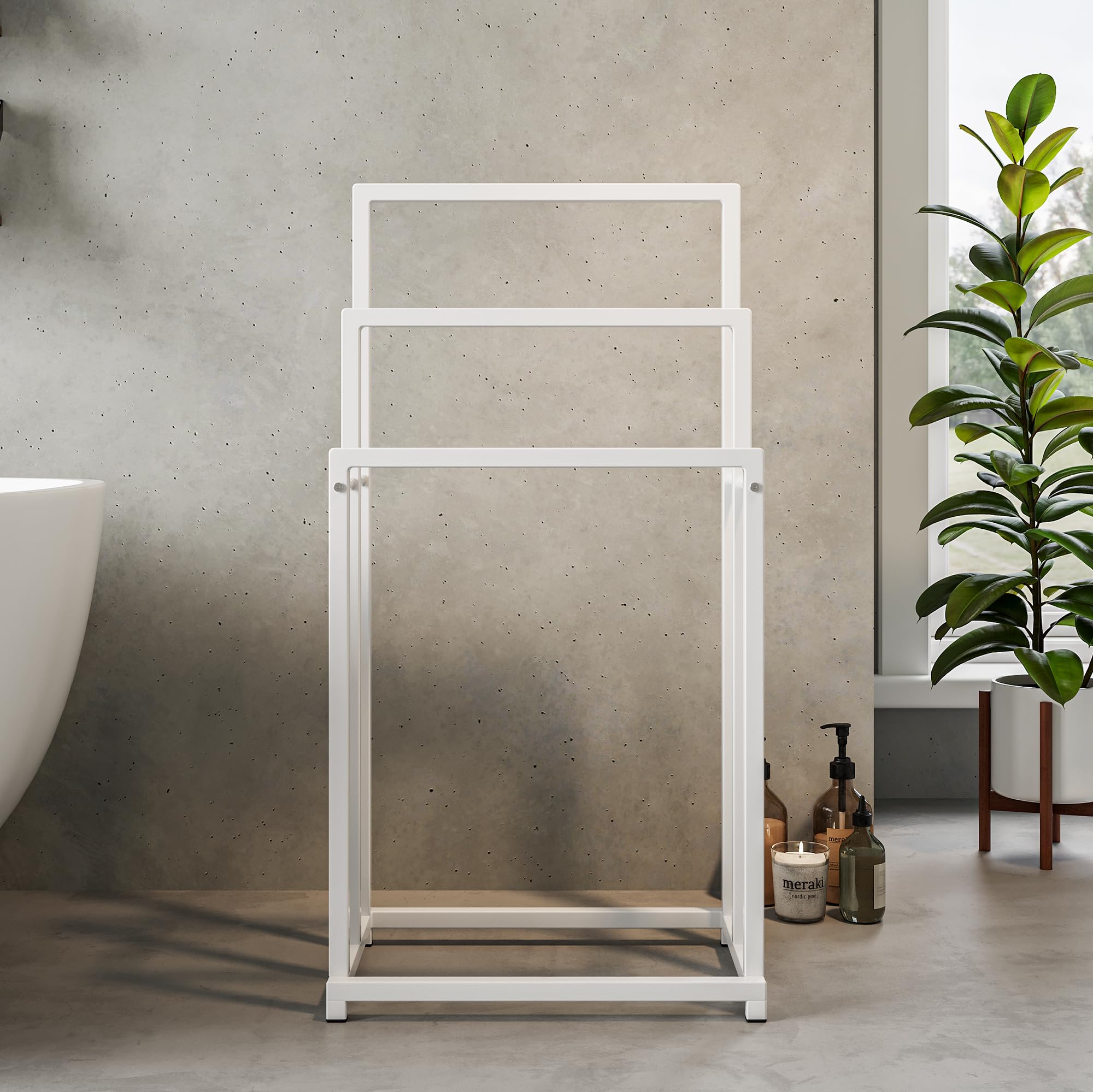 Porte-serviettes sur pied avec 3 barres porte-serviettes, porte-serviettes de salle de bain, en acier, blanc