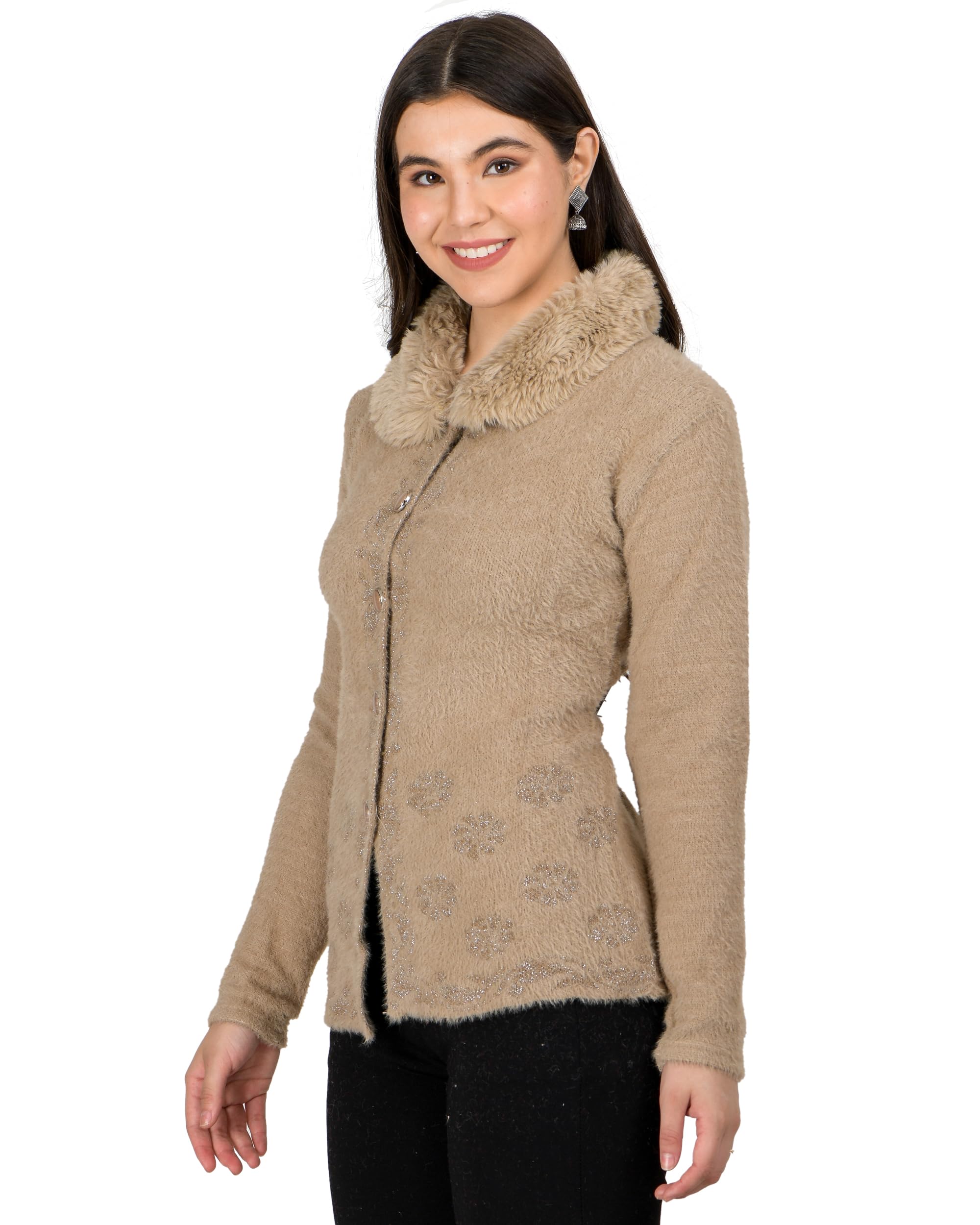 ladywillington Lady Willington Women Woolen Fur Neck Self Design Short Cardigan Shrug Heavy Hair Rainbow Cardigans Winter Wear Pure Wool Cardigans for Women Long Cotty Fully Warm Cardigan Free Sizes-picture-20