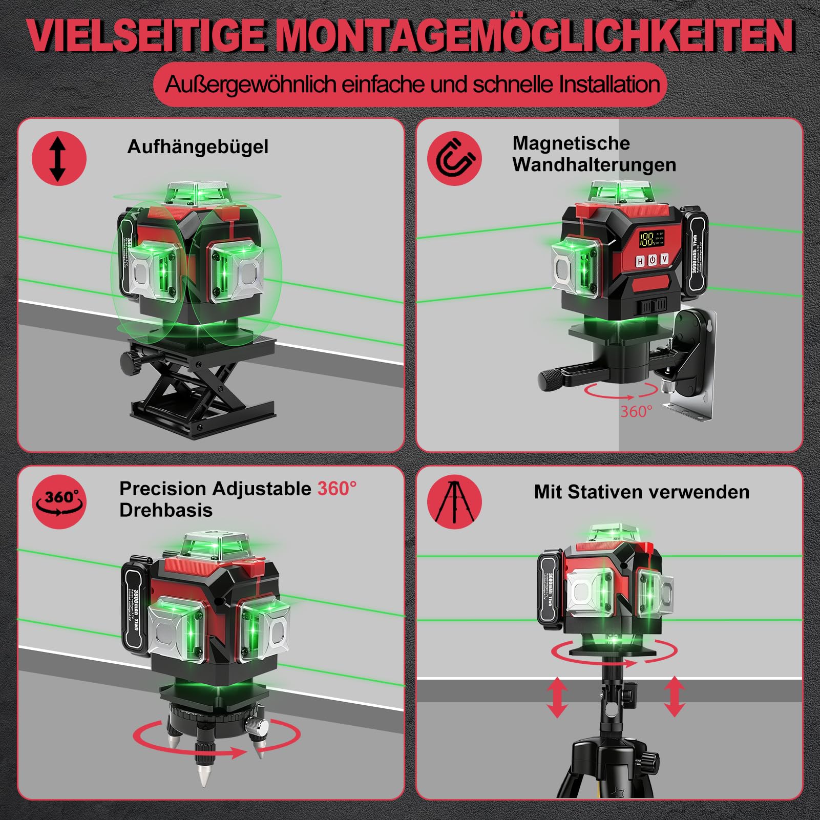 Kreuzlinienlaser Grün 16 Linien Nivellierlaser mit Stativ, 4 x 360 ° Laser Wasserwaage, Baulaser Kreuzlaser Linienlaser mit 3 x 3600mAh Batterie, Selbstnivellierend/APP/Fernbedienung/IP54/Typ C