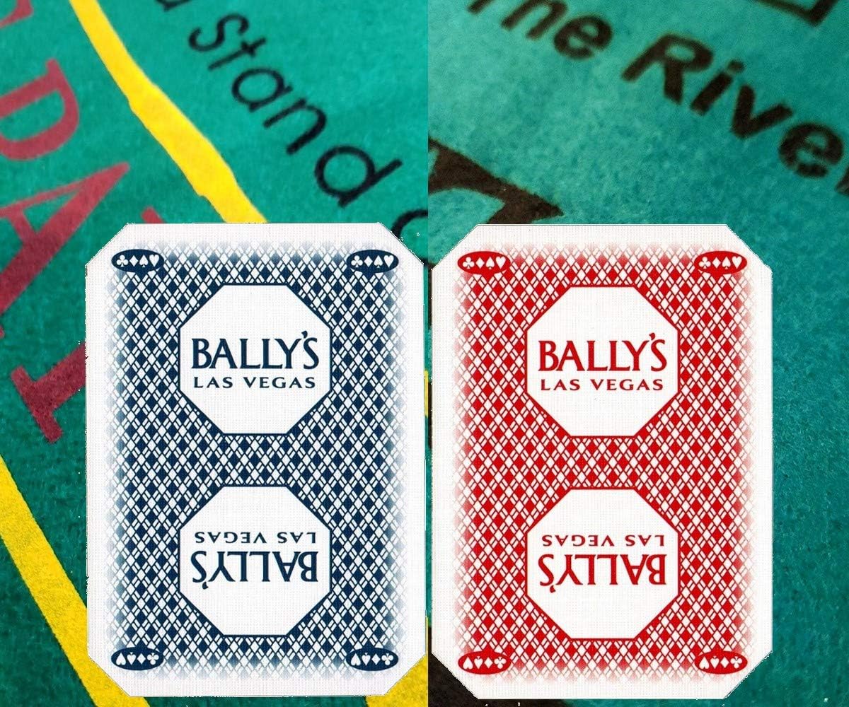 Wide Selection Blackjack/Texas Hold'em Bundle Set: 2-Sided 36" x 72" Felt Layout + Pair Authentic Las Vegas Casino Table-Played Card Decks (Bally's)