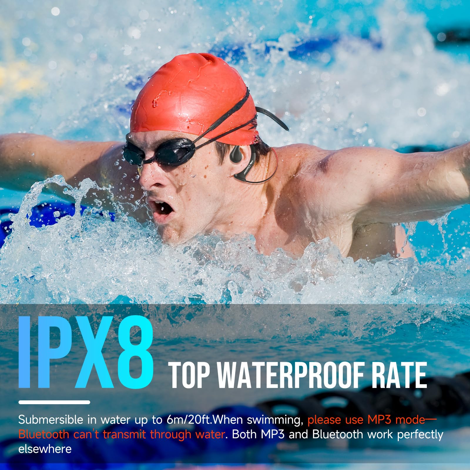 Auricolari impermeabili IPX8 per nuoto, cuffie subacquee con lettore MP3 e Bluetooth, suono HiFi e cancellazione del rumore, design in-ear per nuoto, corsa e ciclismo (8 GB)