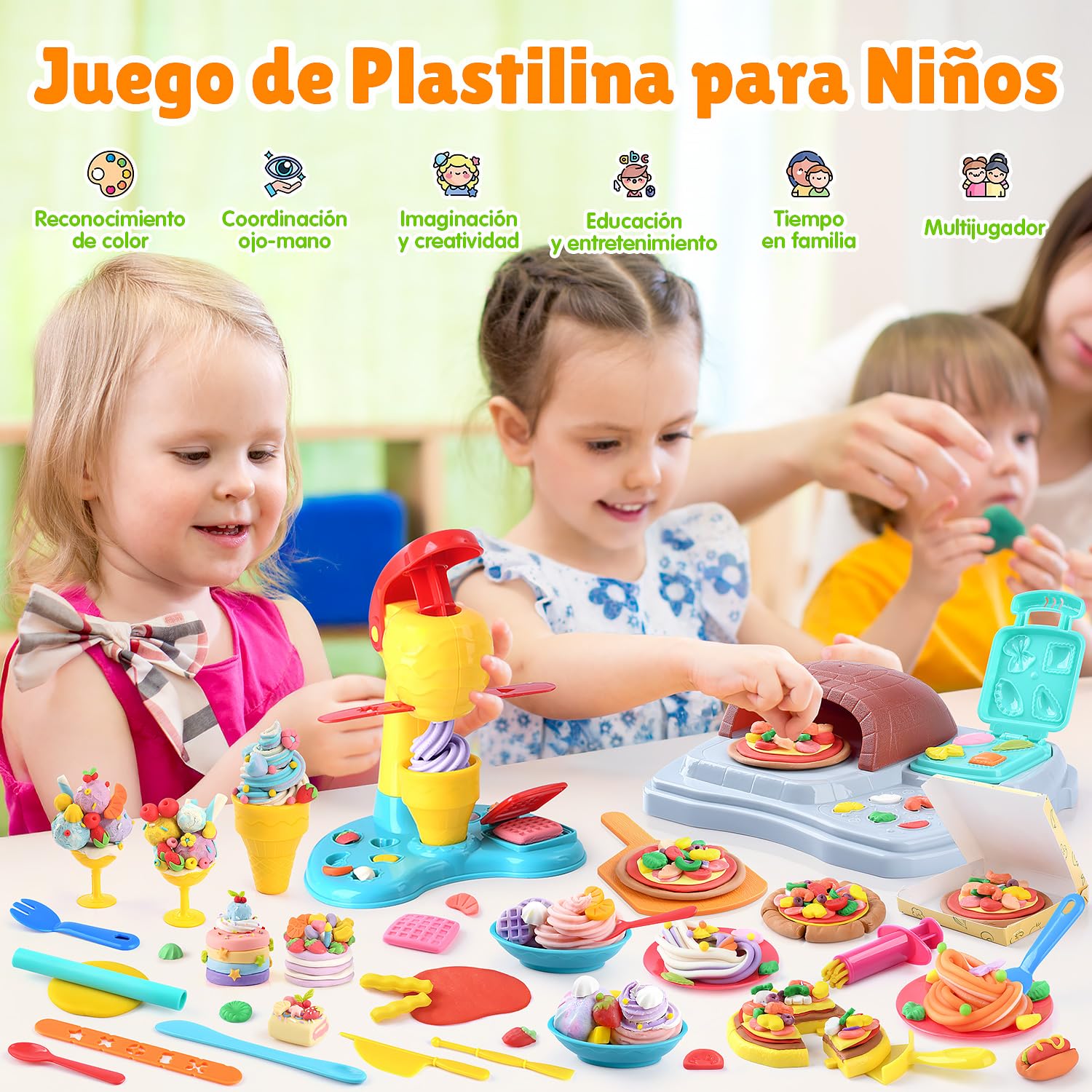 PLAY 2 en 1 Juego de Plastilina para Niños, Plastilina Maquina Helados y Máquina Pizza, 37 Piezas Kit Moldes Plastilina, Máquina para Hacer Pasta, Accesorios Plastelina para Niños 3+ Años