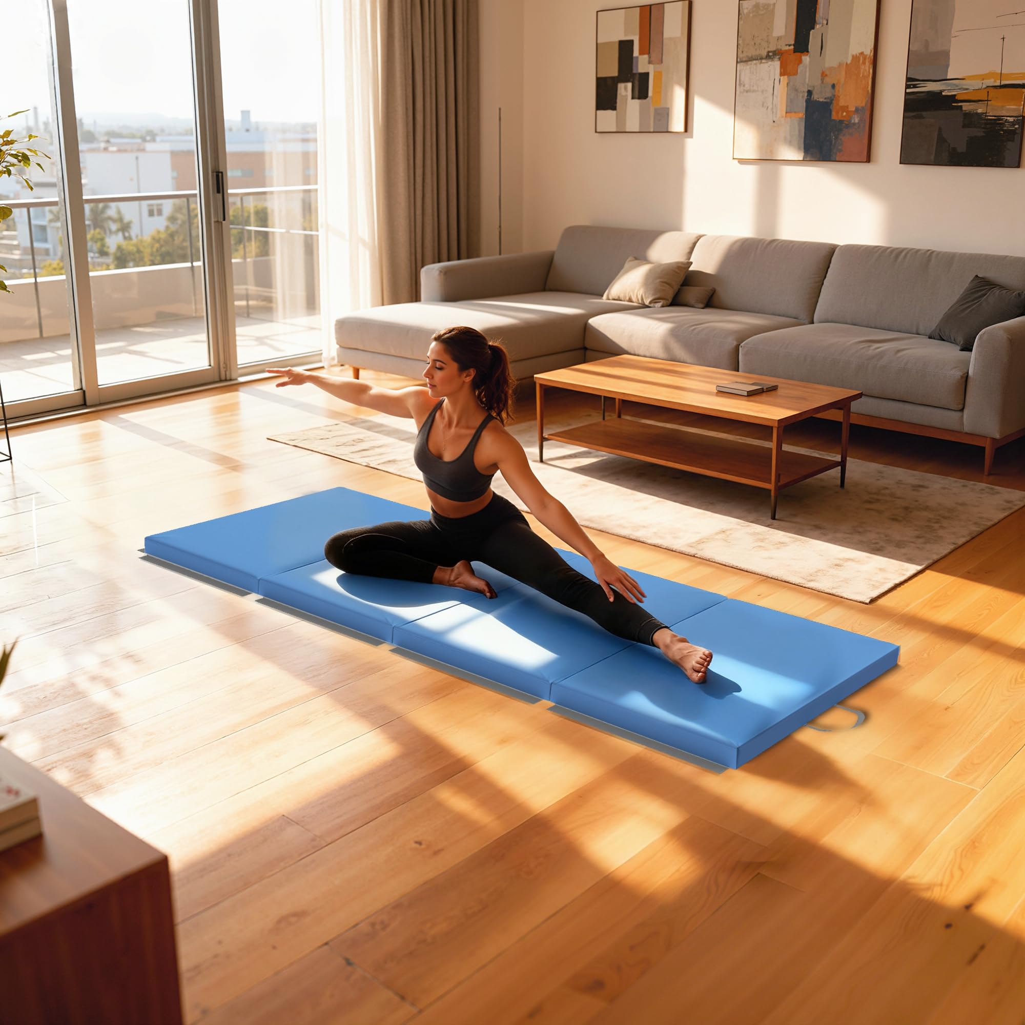 HOMCOM Tapis de gymnastique pliable, tapis gymnastique épais, avec poignée, tapis de sol pour yoga, mma, sport, fitness, pilates, revêtement synthétique, bleu clair