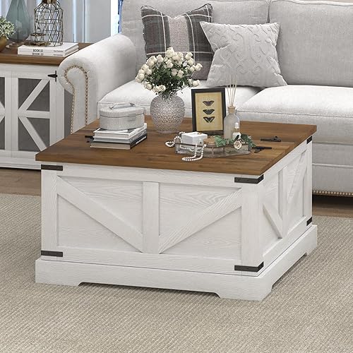 Miniatura 7 de Mesa de Centro de Granja con Compartimento de Almacenamiento Oculto, Mesa de Centro Cuadrada Blanca para Sala de Estar, Mesa Central de Madera con