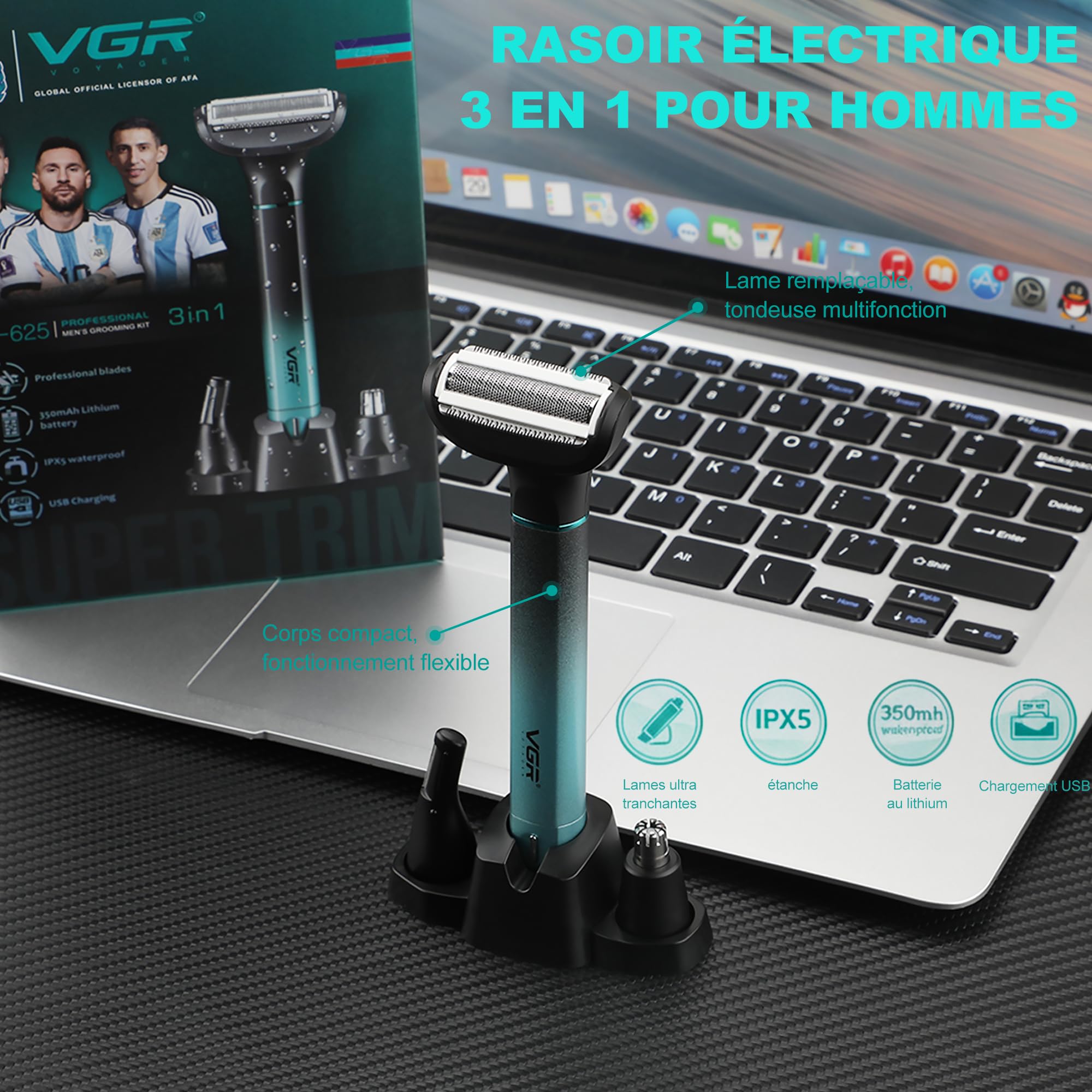 VGR 625 3 en 1 Tondeuse Partie Intime Homme, Rasoir Nez Homme Sans Fil | Tondeuse Multifonction Convient avec Base pour La Poitrine, Jambes, Aisselles, Le Nez et Le Visage, Étanche IPX5, Vert