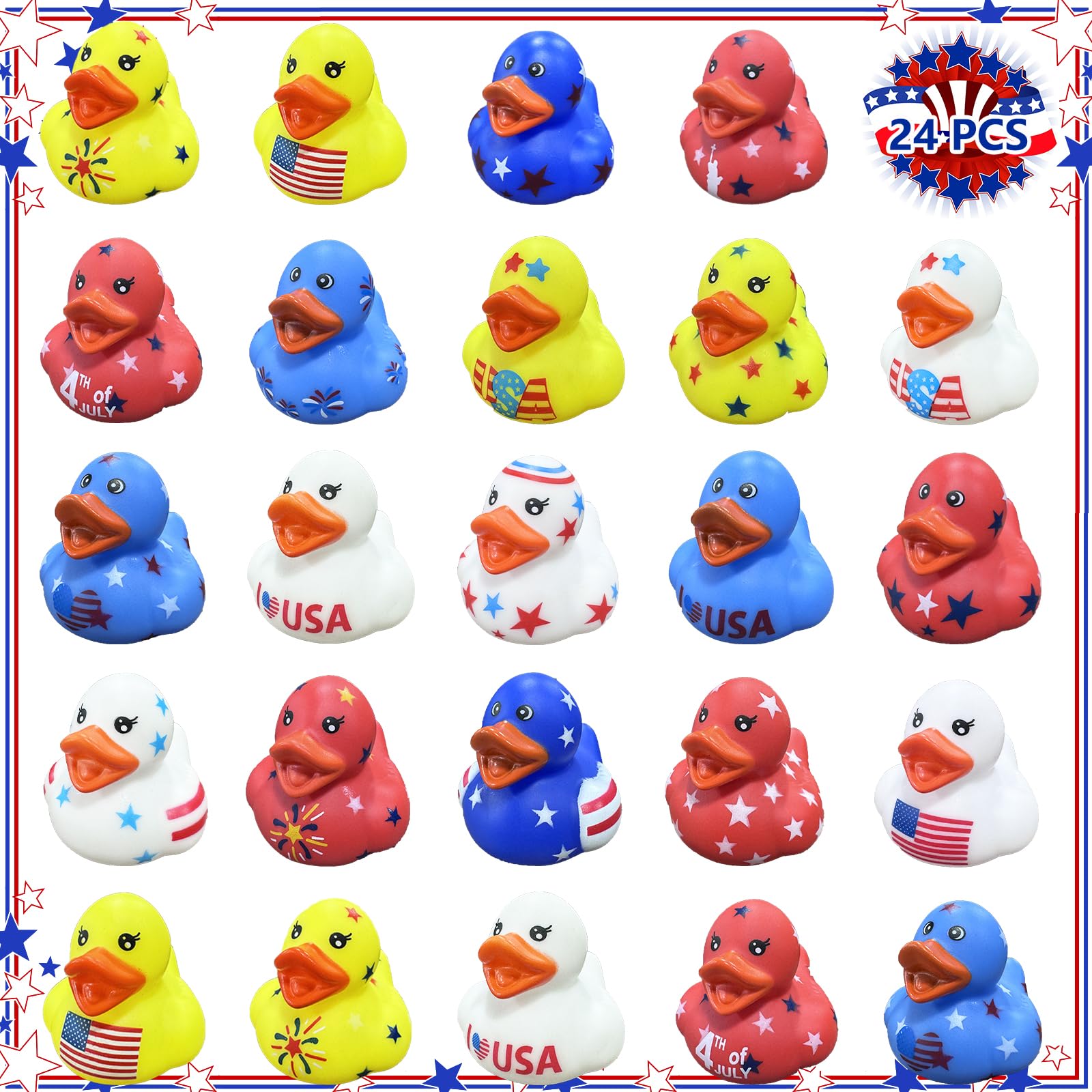 24Pcs Patriotic Rubber Ducks,4th of July Rubber Ducks for Jeeps,USA Memorial Day Independence Day Party Favors,Mini Duck for Baby Showers Bath Toys