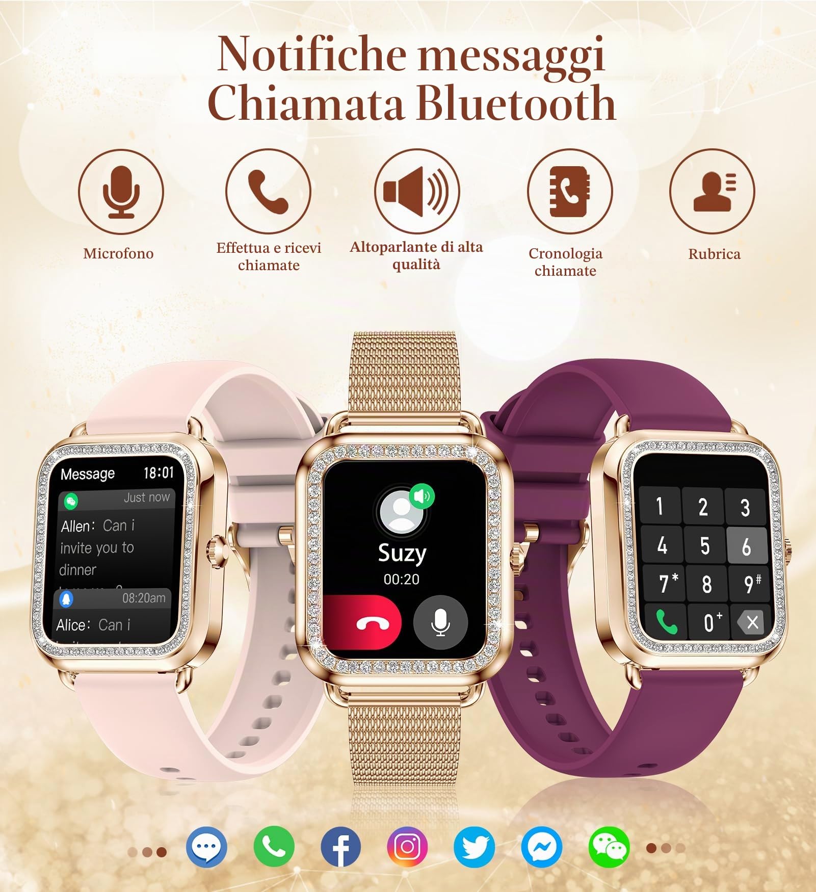 Smartwatch Donna con Risposta Chiamate/Notifiche WhatsApp, 1,6" Orologio Digitale Moda Sportivo Fitness Tracker Contapassi Cronometro,Android iOS Smart Watch con Sonno/Cardiofrequenzimetro