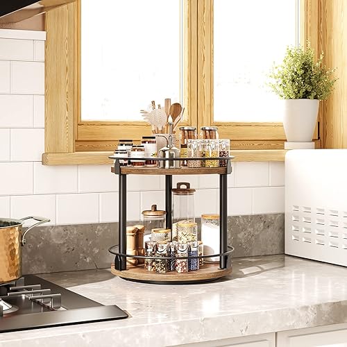 Miniatura 8 de Lazy Susan SR22BR-MH43BR - Organizador y soporte para tazas de café, estante giratorio para especias de 2 niveles con base de almacenamiento,