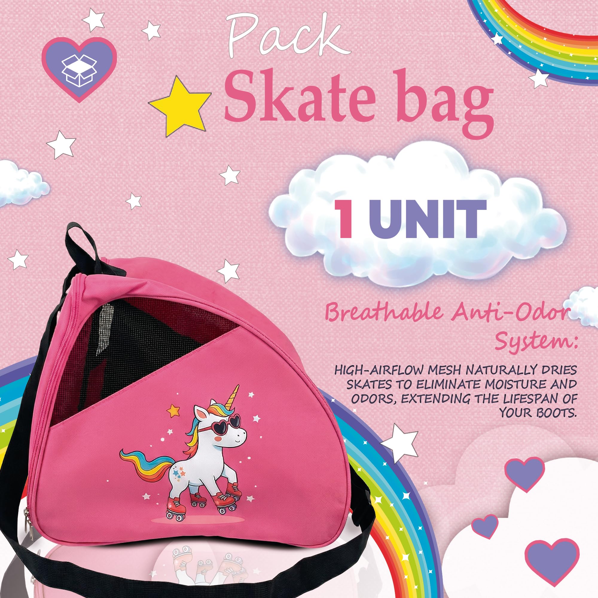 DOJA Barcelona Borsa per Pattini a Rotelle per Bambini - Rosa con Stampa Unicorno - Regolabile e Imbottita, Borsa Pattini in Linea, Protezioni in Tessuto Robusto, Borsone Pattinaggio Artistico