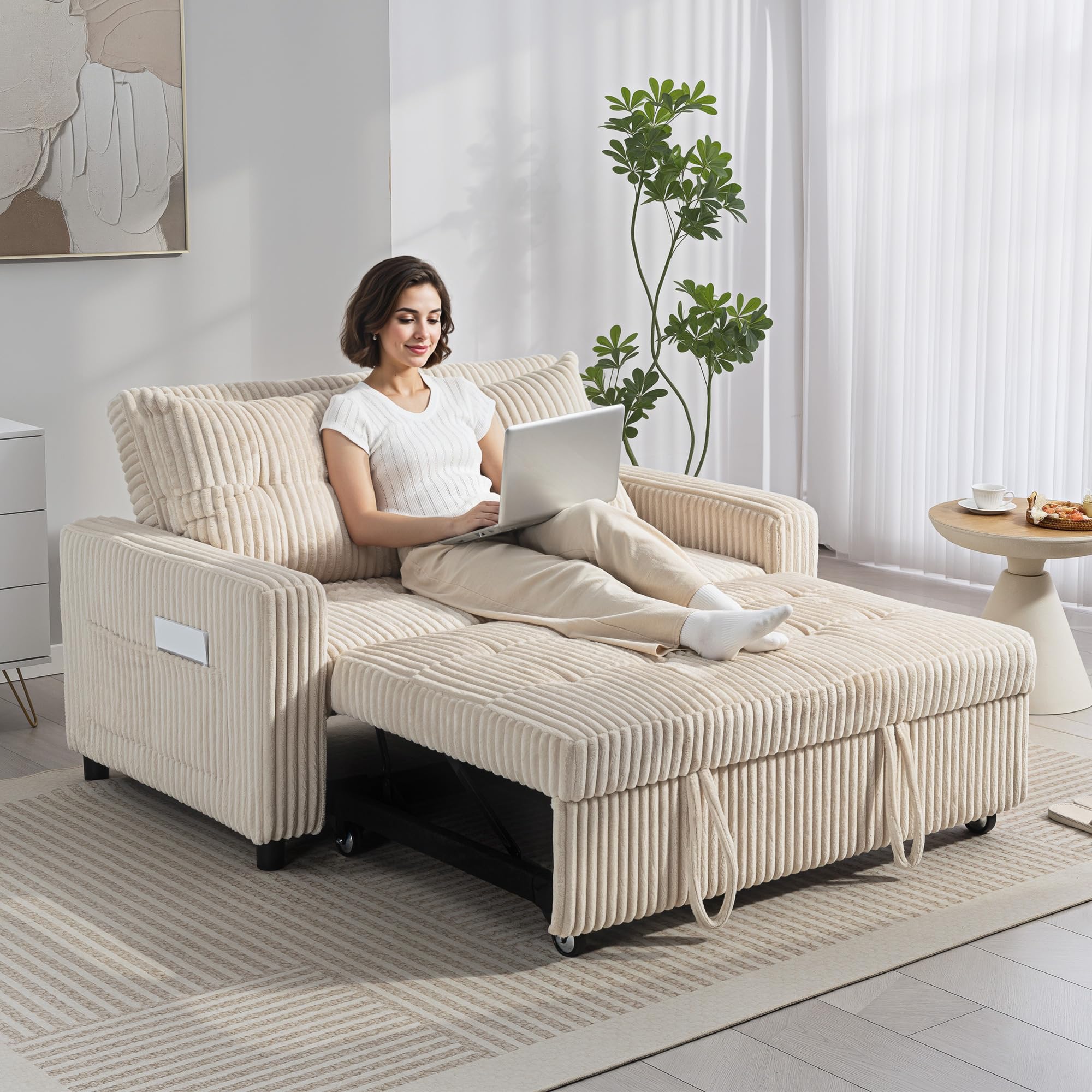 HOMCOM Schlafsofa 2-Sitzer Sofa 157 x 190 cm mit Schlaffunktion Cremeweiß