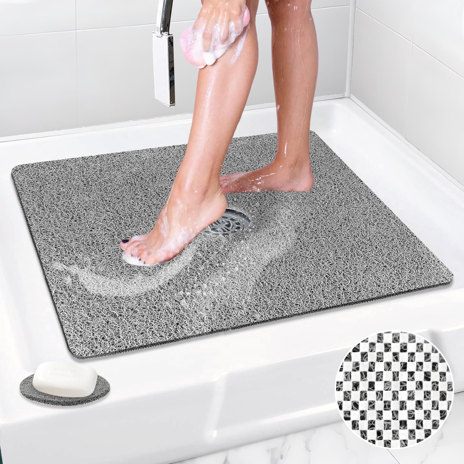 Shower Mat Non Slip: 24 x 24 Inch Square Shower Mats with Drain Hole in Middle - Soft Loofah Quick Drying Matt for Shower Stall