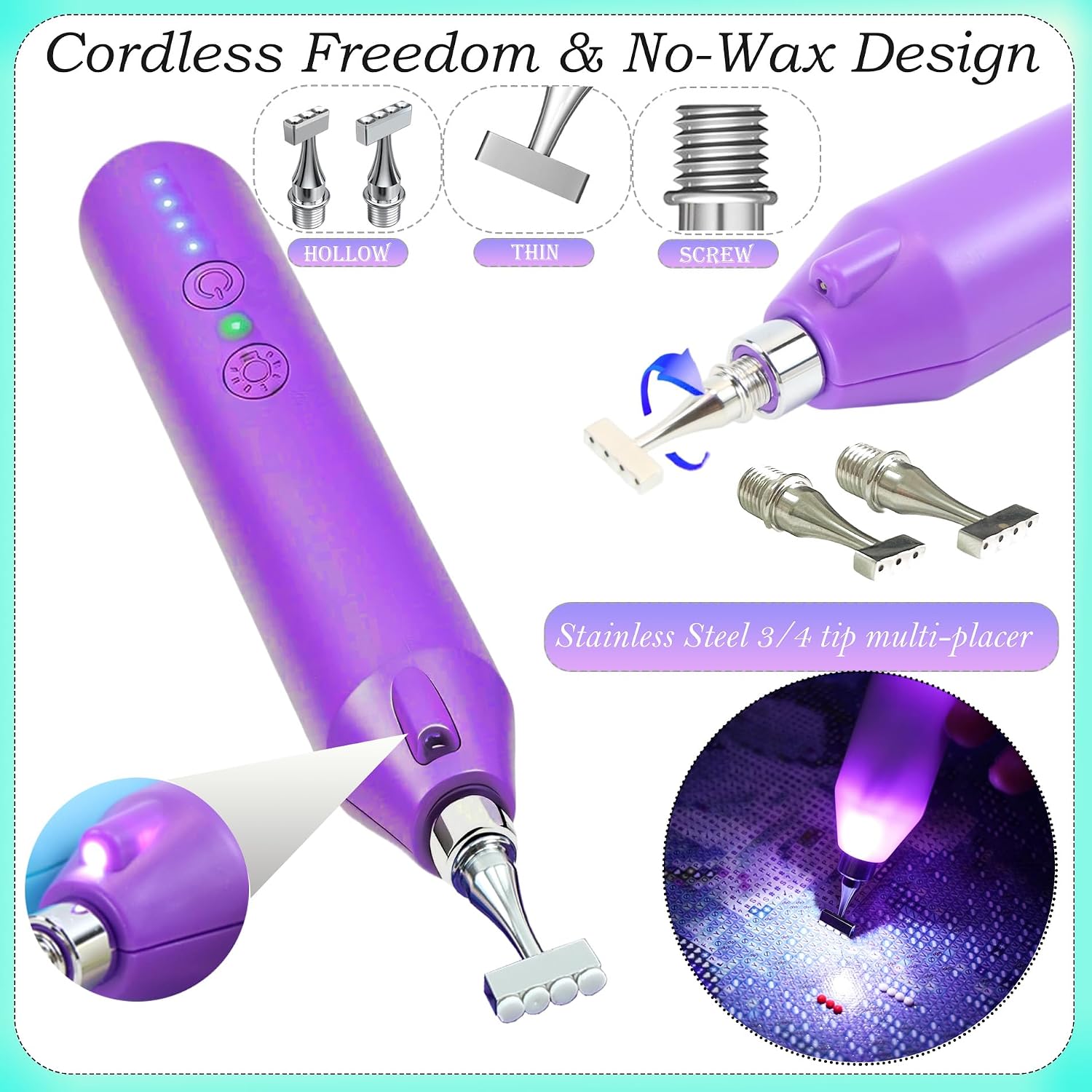 Electric Diamond Painting Pen with Light, Cordless Diamond Art Vacuum Pen no Wax Needed, Rechargeable Diamond Art Pen, Steel Screw Multi-placer, 3-Speed, Diamond Art Accessories with Cutter (Purple)