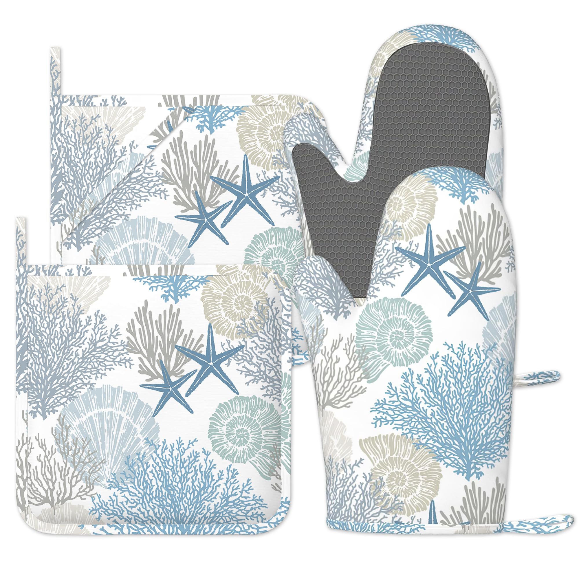 Bilangce Ocean Seashell Oven Mitts And Pot Holders Sets, Oven Gloves Heat Resistant, Cute Baker Stuff, Chef Cooking Baking Gifts For Bakers, Kitchen Gifts For Cooking Lover Cooks Mom