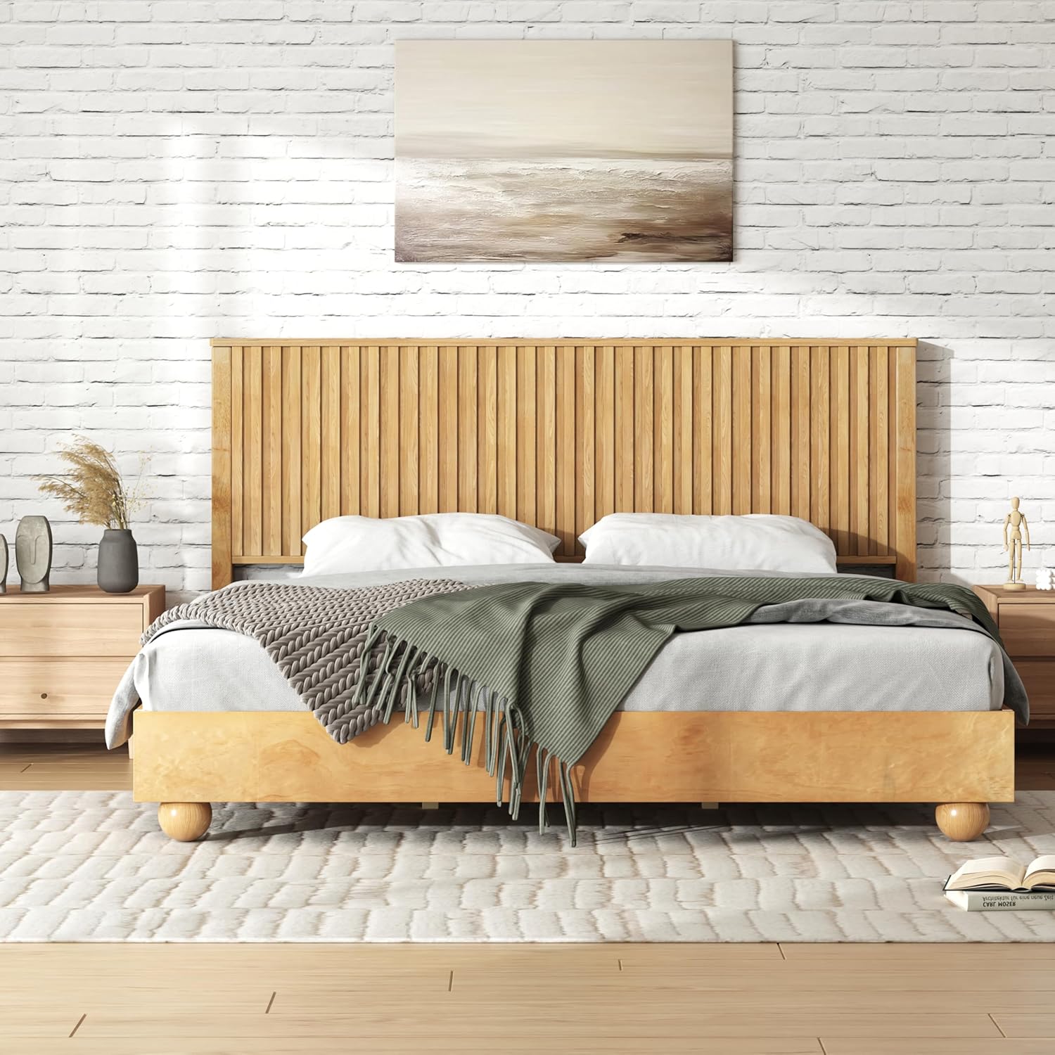 (INCOMPLETE) Merax King Size Bed Frame with Reeded Headboard, Natural Wood Platform Bed Frame with Sturdy Wooden Support Slats, No Box Spring Needed, Holds up to 800 Pounds, Noise-Free, Easy Assembly King (U.S. Standard) Natural