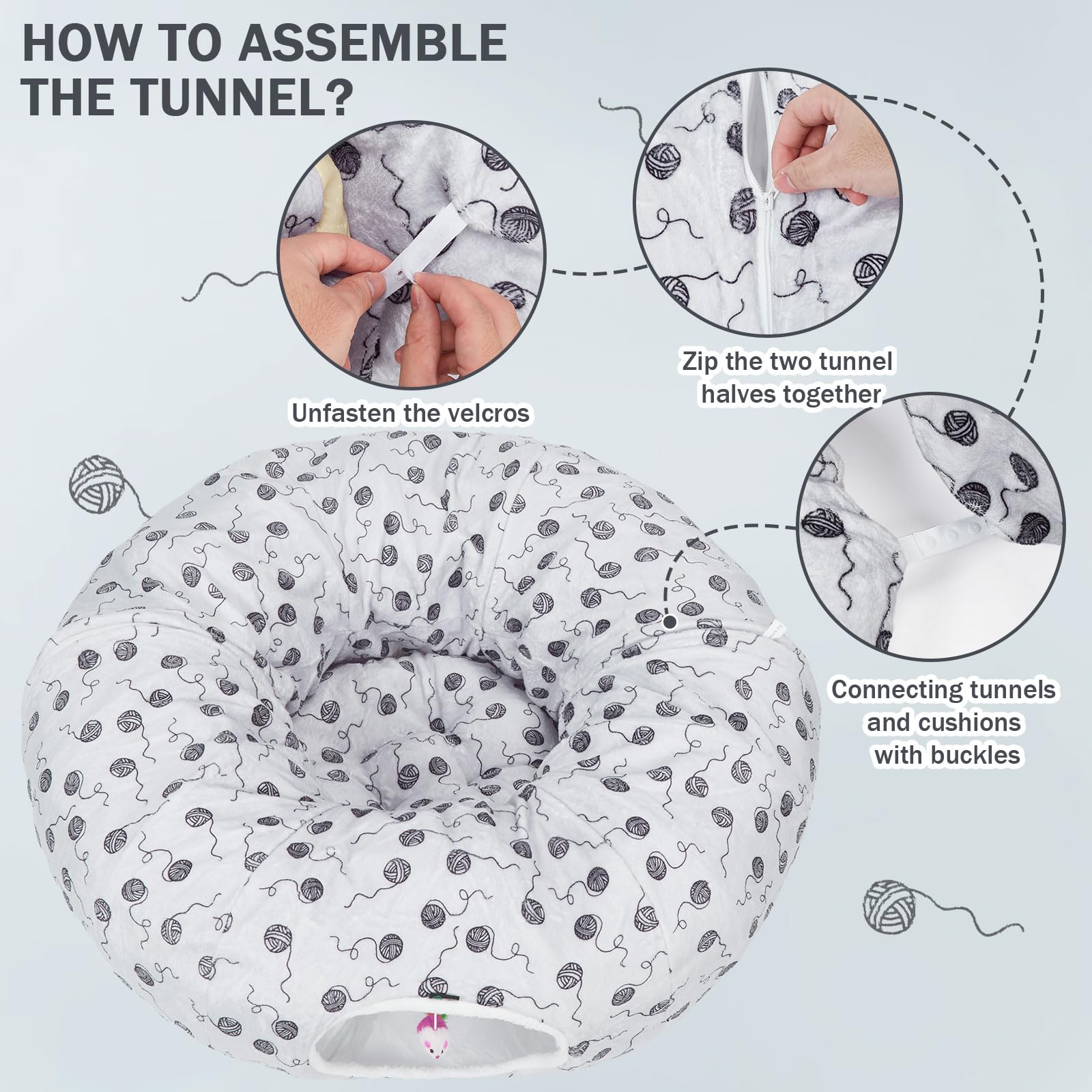 Ownpets Lit tunnel 3 en 1 pour chat avec tapis central, 30 cm, jouet en forme de beignet, matériau en peluche douce, forme de pleine lune pour chaton, chat, chiot, lapin, furet, gris