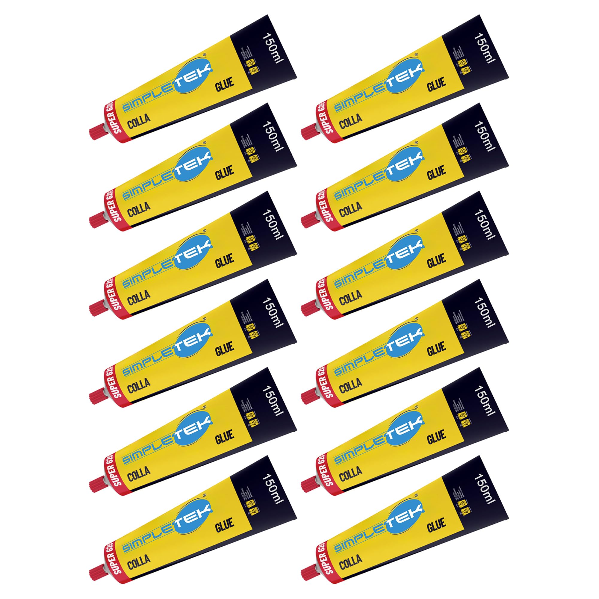 SIMPLETEK - 12X Colla Adesivo Neoprenico Super 620 - Tubetto da 150ml - Adesivo di Contatto ad Alta Resistenza per Pelle, Cuoio, Sughero, Plastica e Gomma