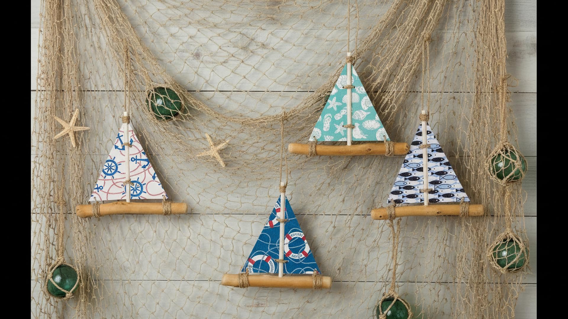 Bateau Décoratif En Bois Flotté, Teinte écru Et Bleu, 37x23 Cm, Fait Main