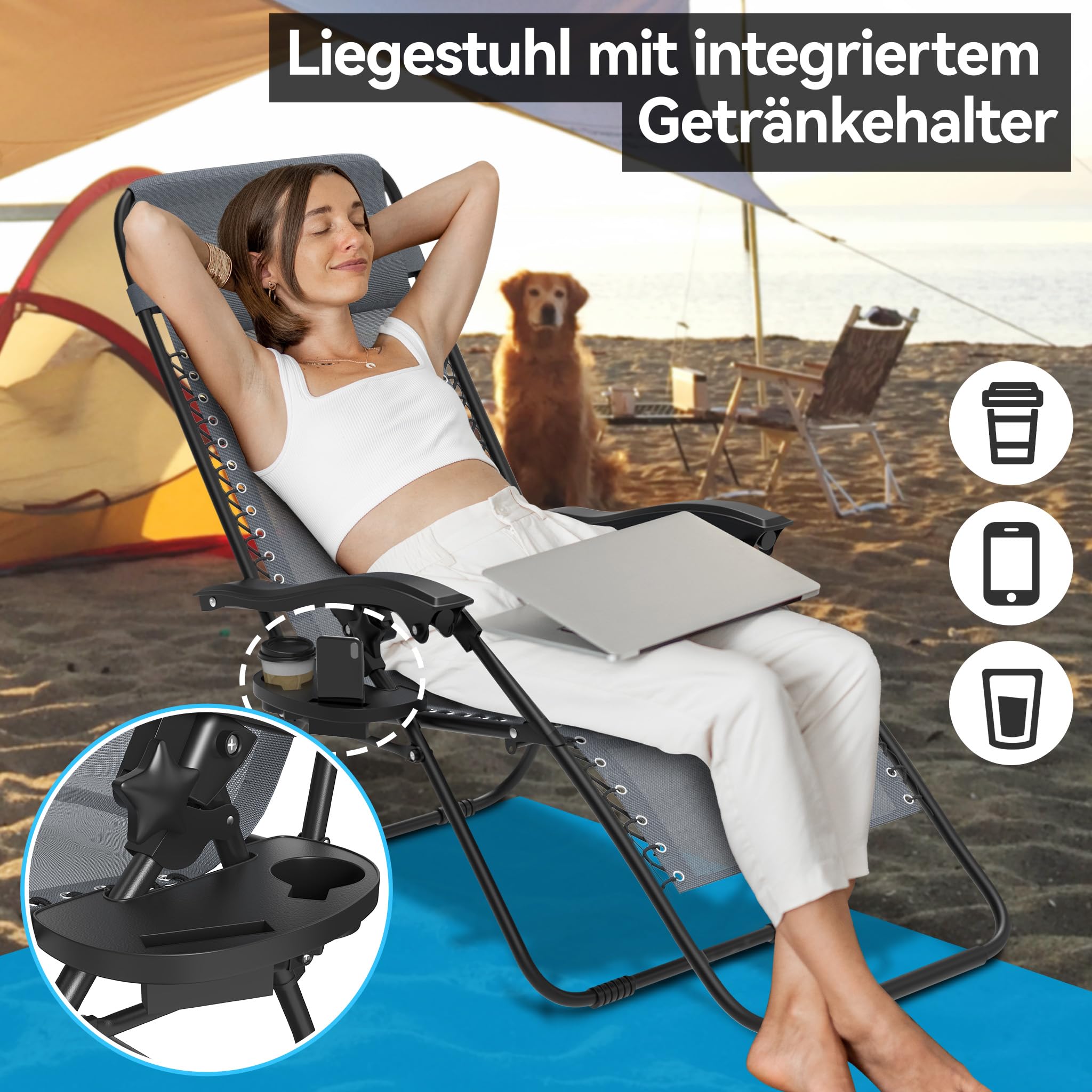 HENGMEI Leżak ogrodowy, 2 x leżak ogrodowy, składany, lekki leżak na balkon, taras, leżak plażowy z poduszką pod głowę, uchwyt na napoje (kolor szary)