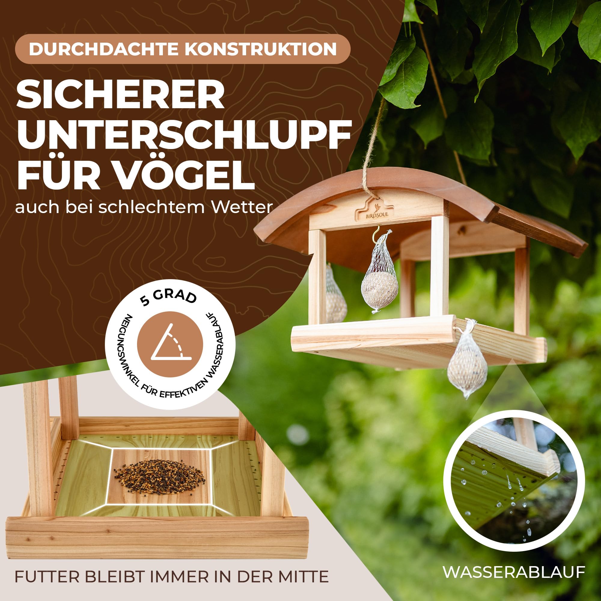 Großes Vogelhaus zum Aufhängen wetterfest [Rain-Safe Bodenplatte & 5° Wasserablauf] XXL Vogelfutterhaus zum Aufhängen | Vogelhäuschen Bausatz | Vogelhaus Holz | Futterhaus für Vögel hängend