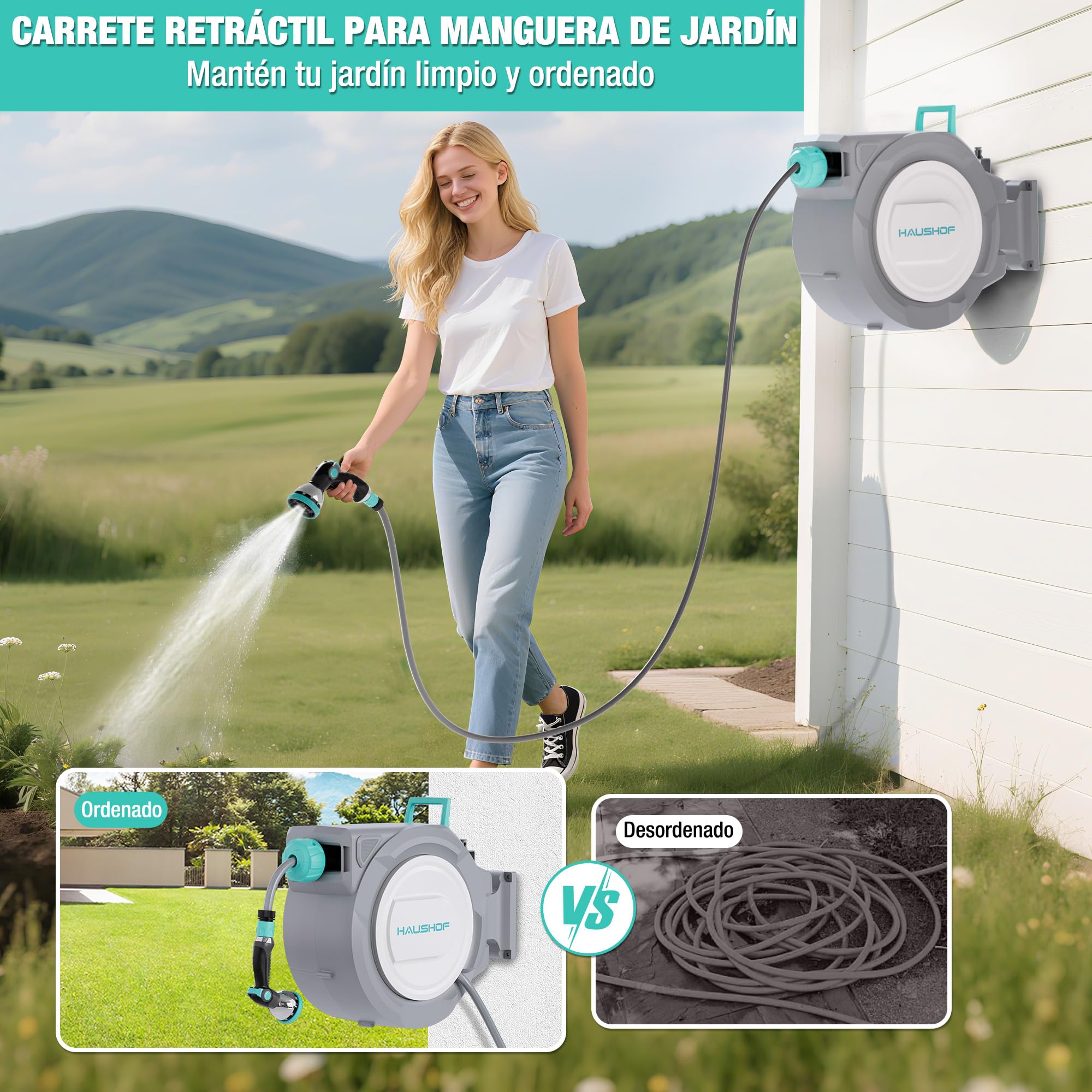 HAUSHOF Carrete Manguera 30m, Soporte Pared Giratorio 180° | Enrollador Automático con 10 Modos de Riego para Jardín y Lavado de Coches con Uso Cómodo y Flexible