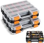NATGAI 2 Pack Small Parts Organizers, 34-Compartments Double-Sided Tool Box with Removable Dividers for Hardware, Screws, Bolts, Nails & Fishing Accessories, Durable Plastic Storage Case (Blue)