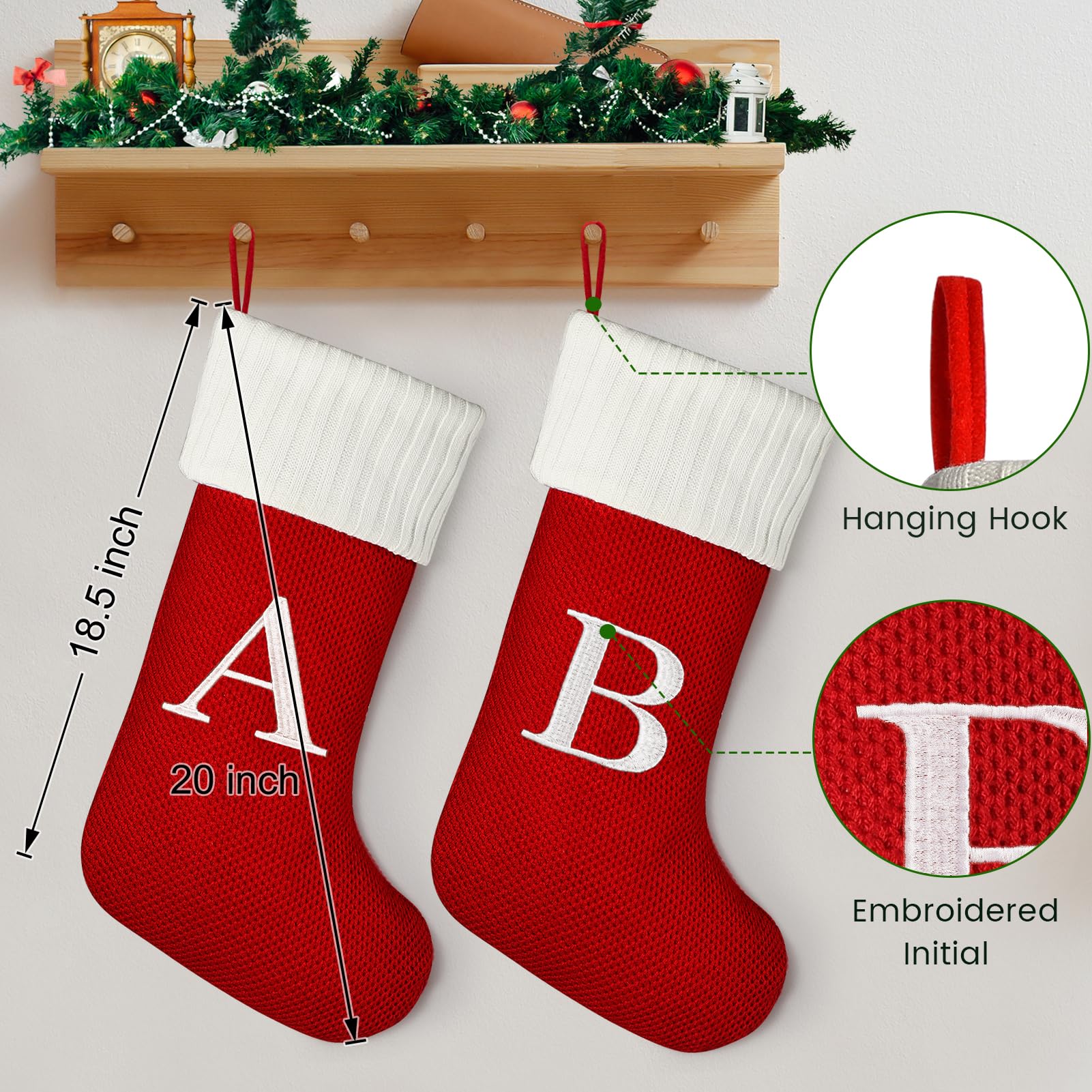 Senneny Christmas Stockings with Initials, 20” Large Embroidered Monogram Knitted Stockings for Family, Kids, Xmas Holiday Party Gifts & Decoration for Fireplace, Burgundy, Letter J