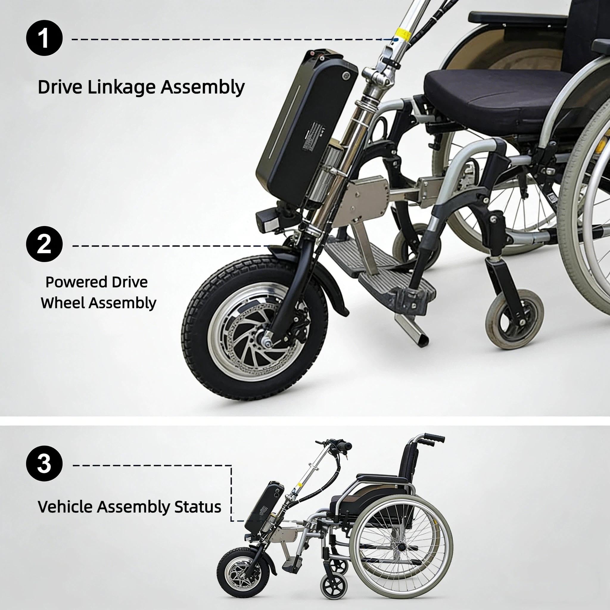 500W Handbike Eléctrica para Silla de Ruedas, Kit de Conversión con Batería de Litio 17Ah (70km), Dispositivo de Tracción Profesional en Acero Inox para Chasis Plegable o Fijo(A)