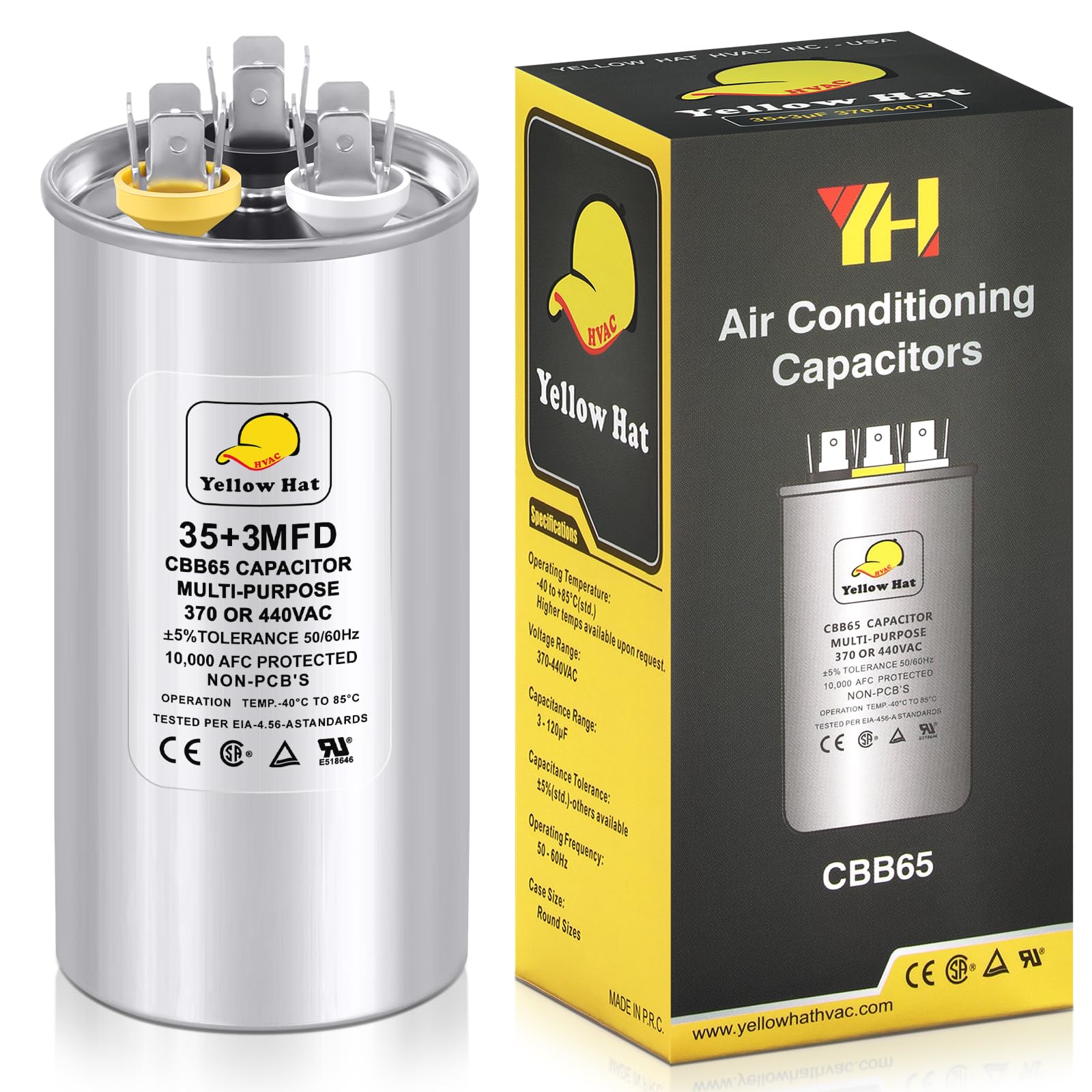 Capacitor for Air Conditioner 35+3 uf MFD 370 or 440 Volt VAC, Multi-Purpose Round Capacitor for AC Motor Run or Fan Motor Start or Condenser Straight