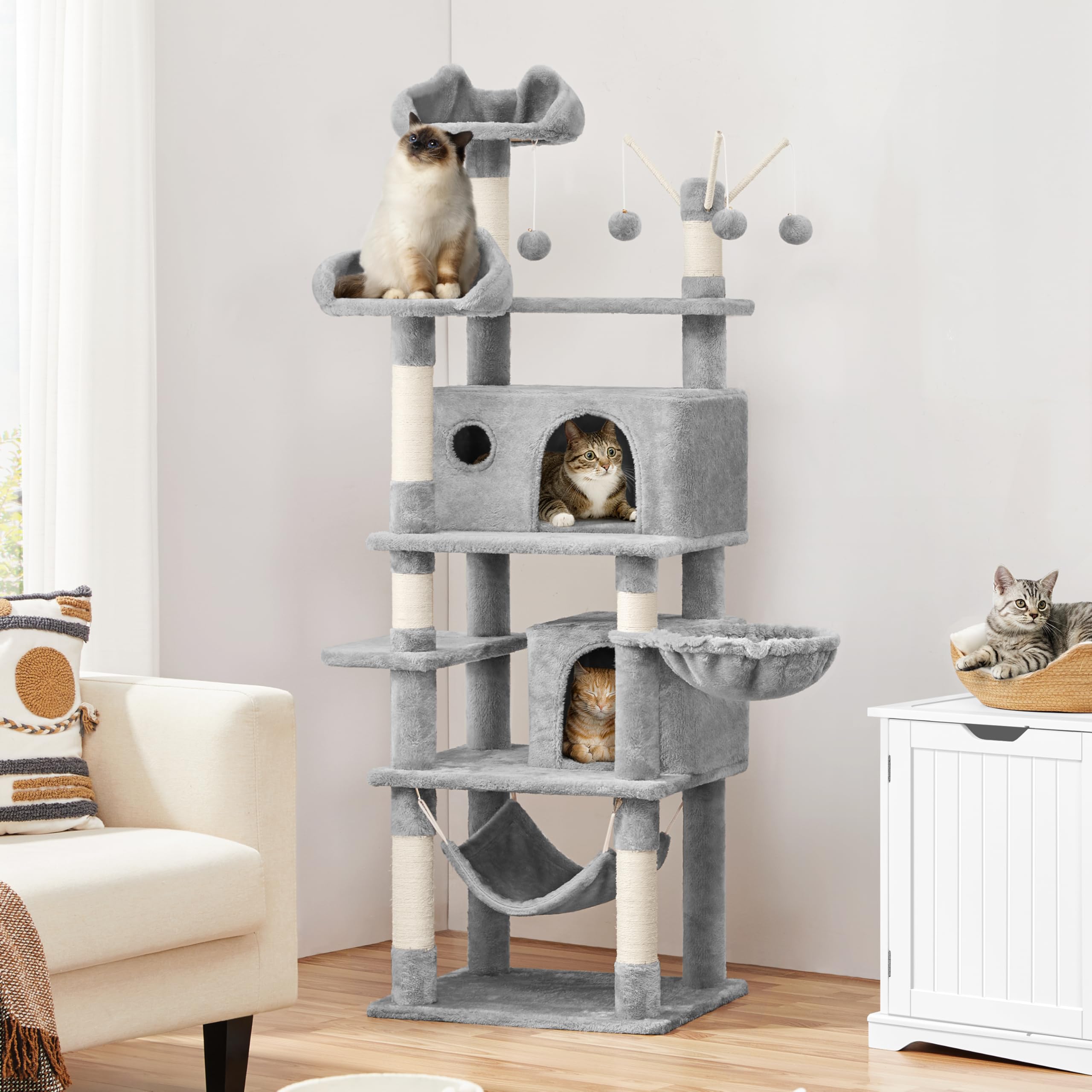 Yaheetech Rascador para Gatos Mascotas con Hamaca Plataforma Cueva Bolas de Juego Canasta 55.5x45.5x170 cm Gris Claro