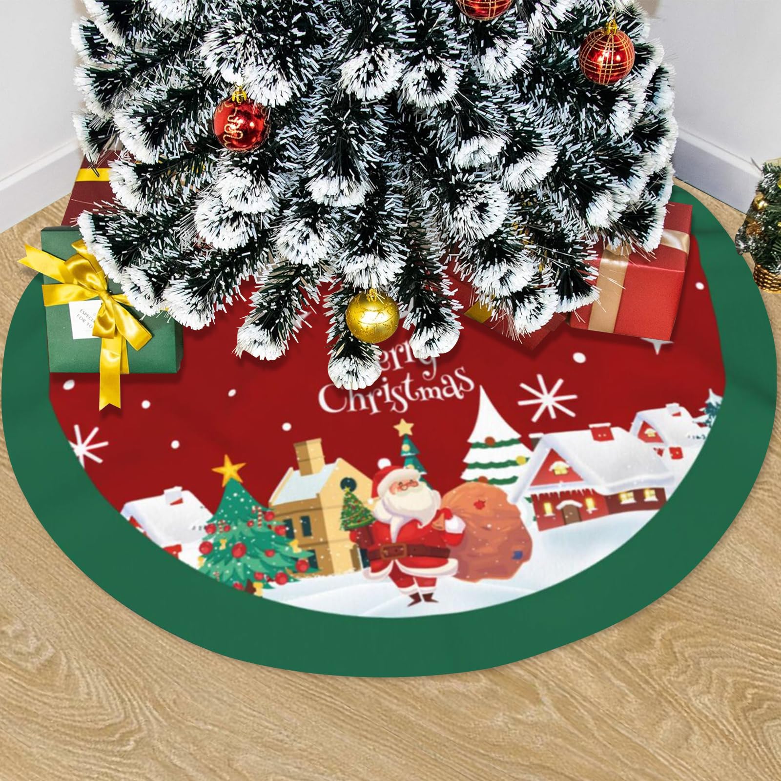 Christmas Tree Skirt with Santa Claus, Merry Chrismas Red and Green 48 Inches Tree Skirt Ornaments, Soft Christmas Tree Mat for Holiday Party Indoor Outdoor Decorations