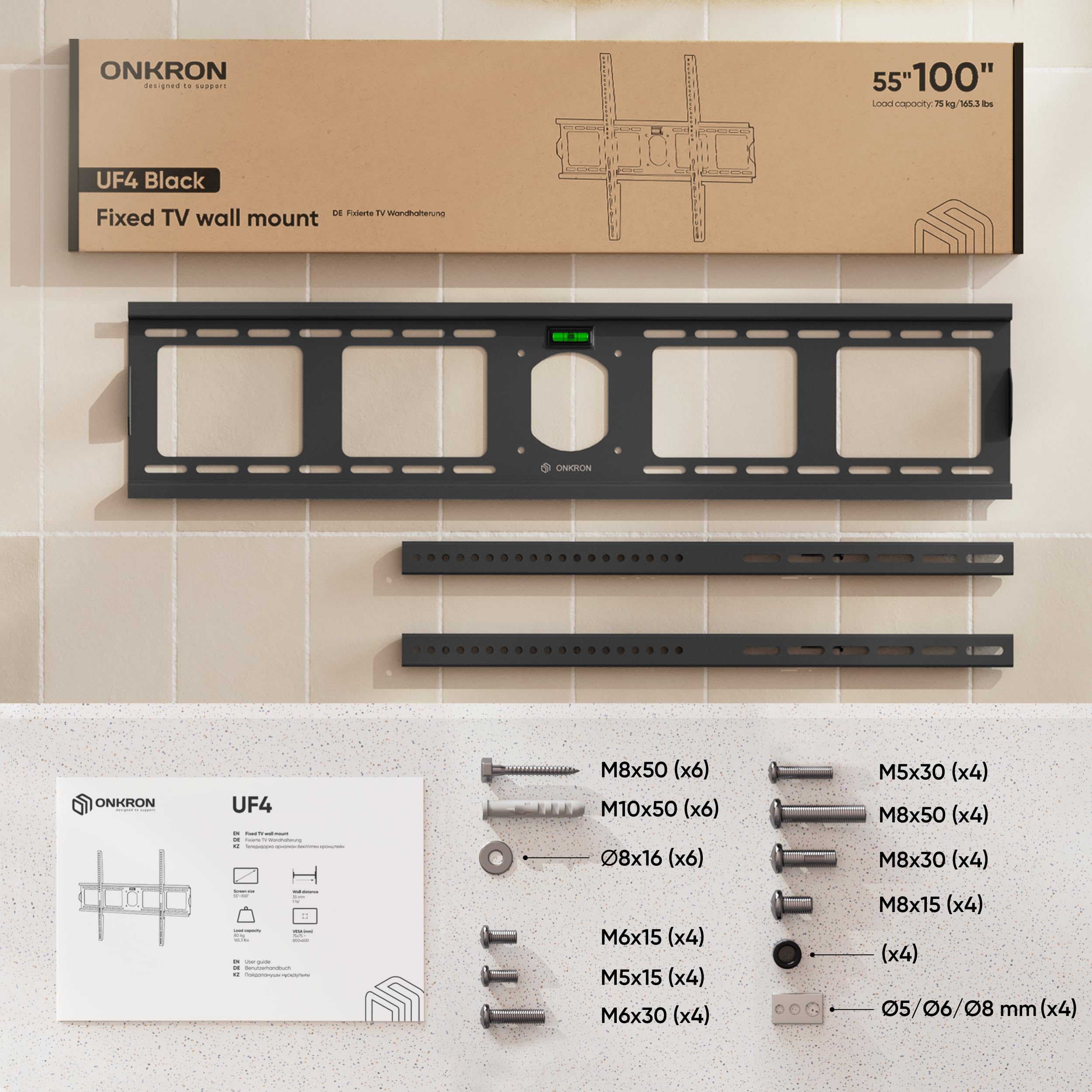 ONKRON Support TV Mural Fixe pour 55-100 Pouces Écrans Lourds, Support Mural TV Extra Plat jusqu'à 80 kg, Fixation Murale Tele Ultra Fin VESA 75x75-800x600, Accroche Television Murale UF4-B Noir