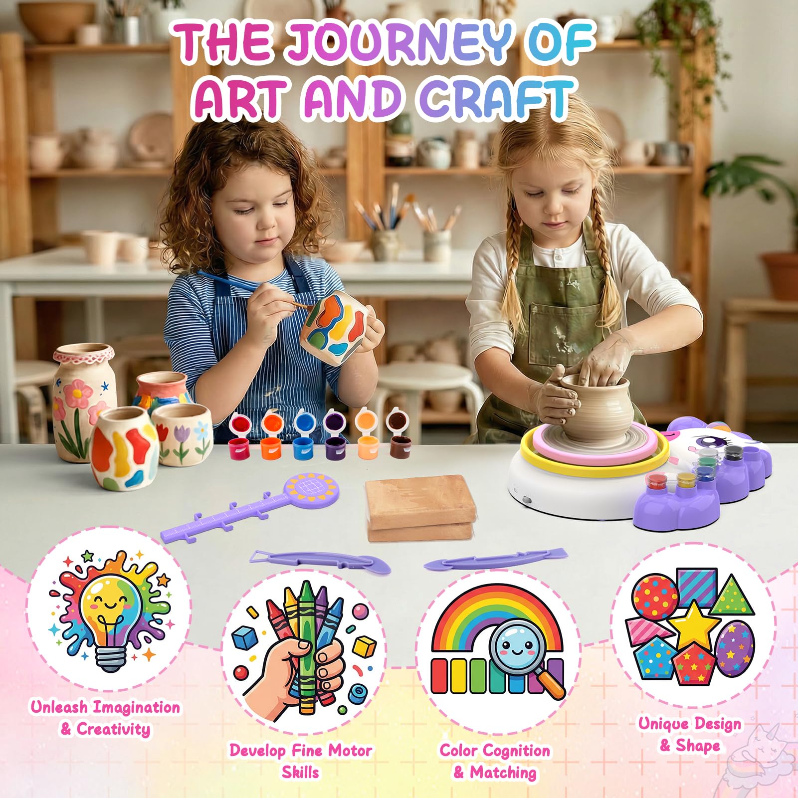 Tour de Poterie Enfant, DIY Pottery Kit avec Argile Autodurcissante, Jeu Creatif Art et Peinture Activite Manuelle, Loisir Créatif Licorne Jouet, Idée Anniversaire Cadeau Fille 3 4 5 6 7 8 9 10 Ans
