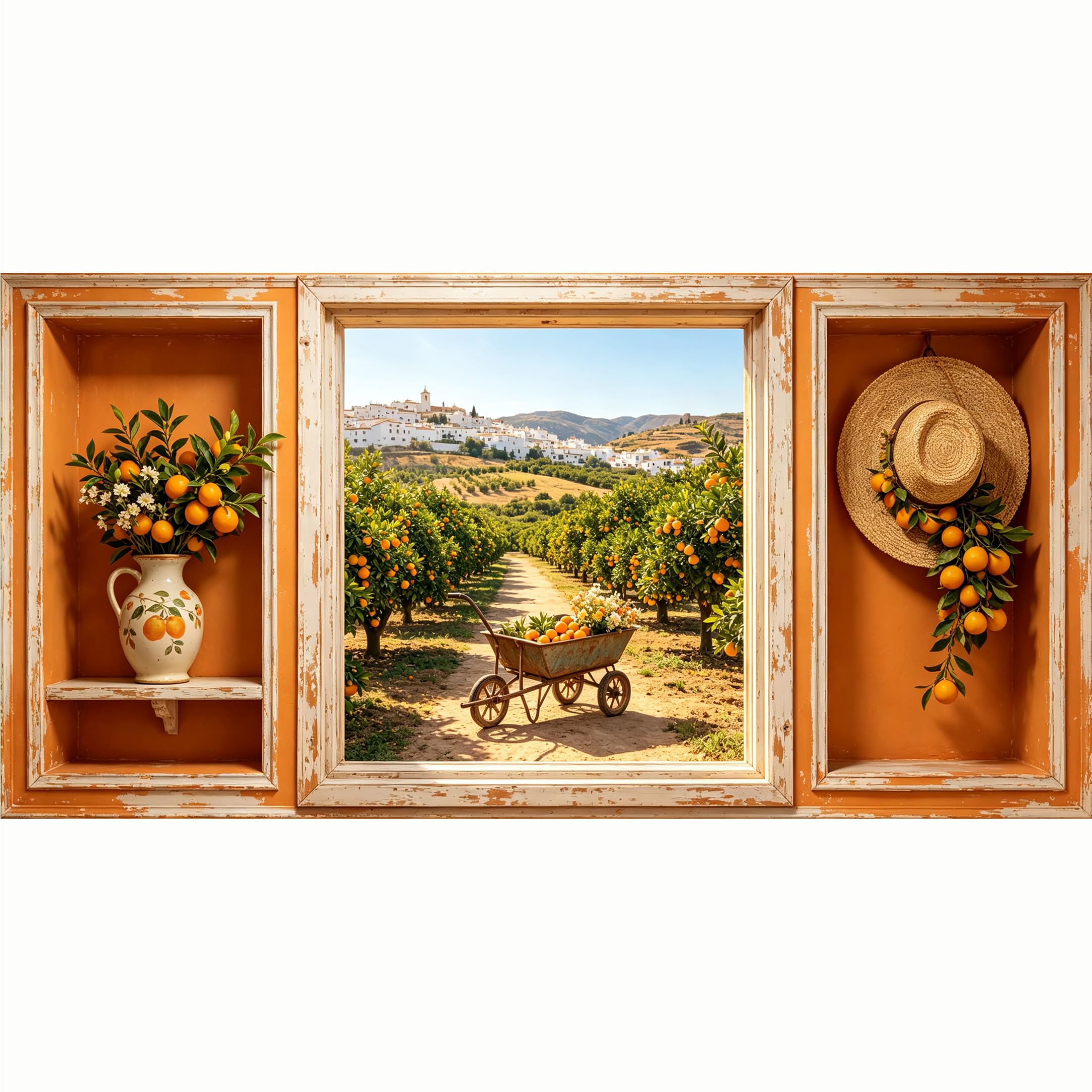 QZLITHOTIC 50x100cm 3D Framed Wall Art， Mediterranean Citrus Orchard Landscape Farmhouse Style Self‑Adhesive Mural， Water‑Activated Peel & Stick Fabric Decor Wall Decal for Bedroom Living Room