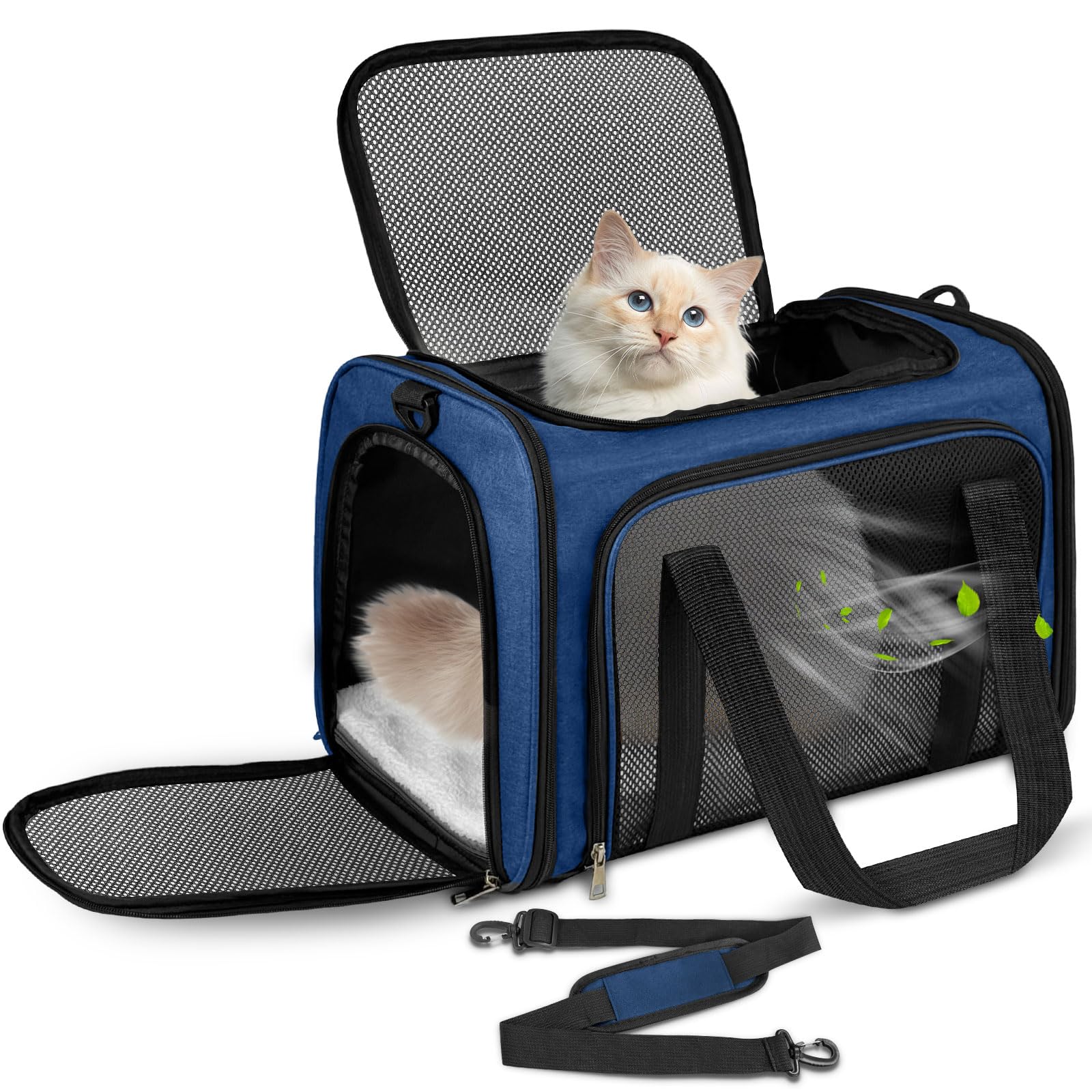 Transporttasche Katze, Transporttasche für Katze Hund bis zu 8kg, tragbare Faltbare Haustier Transporttaschen mit Schultergurt für mittlere kleine Haustiere (Dunkelblau, 50x34x34cm)